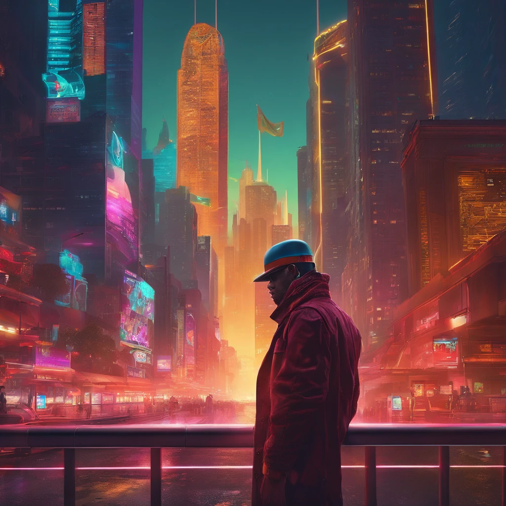 (a man wearing extravagant attire:1.1) is standing on a bridge while cars pass by underneath. The surrounding area is filled with tall buildings. The man's attire is elaborate and eye-catching, emphasizing his stylish and elegant appearance. The bridge is a prominent feature, conveying a sense of connection and movement. The scene is bustling with traffic, portraying a busy urban atmosphere. The buildings in the backdrop are towering and modern, creating a metropolitan ambiance. The lighting is vibrant and dynamic, reflecting the energy and liveliness of the city. The colors are vivid and saturated, adding visual interest to the composition. The overall image quality is exceptional, with sharp details and high-resolution rendering. It exudes a realistic and photorealistic aesthetic, as if captured by professional photography. The combination of the man's presence, the architectural setting, and the urban activity creates a captivating fusion of fashion, urban life, and modernity.