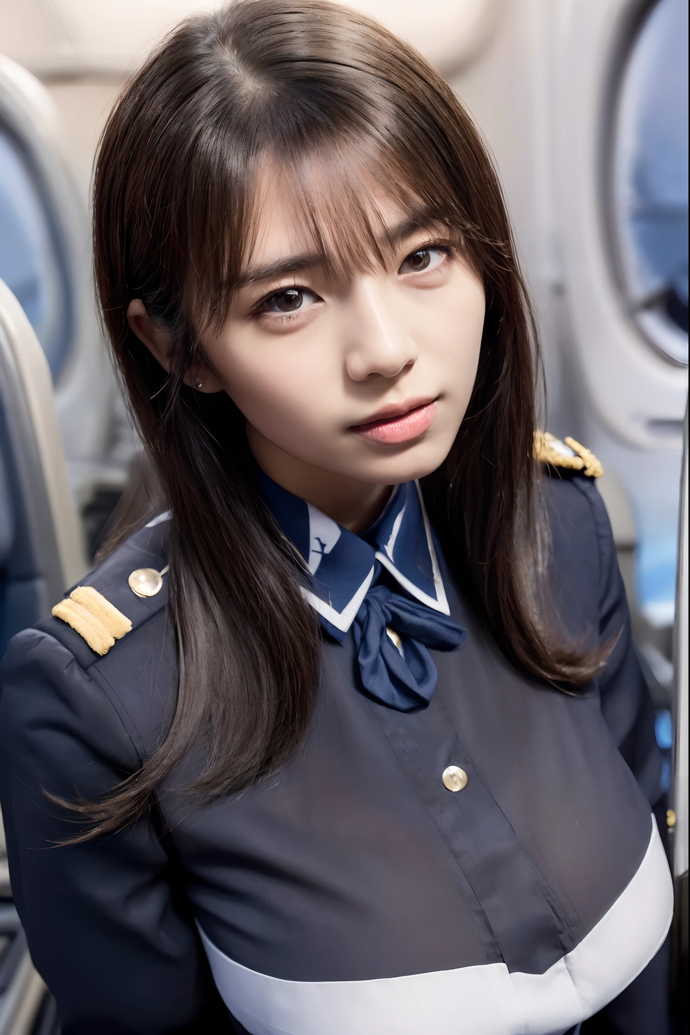 1woman, Solo, 40 years, (wearing cabin attendant uniform in airplane:1.4), smile, fluffy brown eyes, beautiful Face, Black short hair, huge breasts, (Detailed face), Detailed lips, Detailed face, Detailed chest, detail, Perfect body, (cowboy shot), 8K, of the highest quality, Intricate details, Ultra Detail, Ultra High Resolution, masterpiece, (photorealistic:1.3)