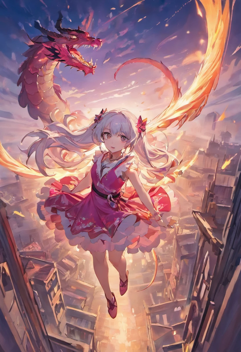 Dragons flying over the town、large plumage、highcontrast、Girl is looking at the sky、red fullmoon、splash water､Flowing flame、detailed girl、neon color､Incandescent effect､18year old、(girl with、Ice Dragon;3,7)、(((pink  dress､Twintail、Rin々Shishi Face、With long silver hair)))、((Hanging Eye))、​masterpiece、pixiv Winner's Drawing