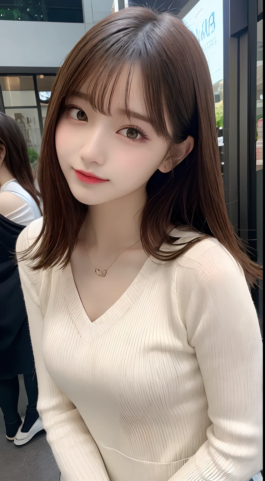table top, highest quality, shape, Super detailed, finely, High resolution, 8k wallpaper, 完璧なダイナミックな構shape, finelyて美しい目, navy long sleeve knit dress,straight hair,small breasts natural color lip, random sexy pose,smile,Home、27 year old girl、cute、sexy shot looking at camera,perfect and beautiful face, 最高のsmile