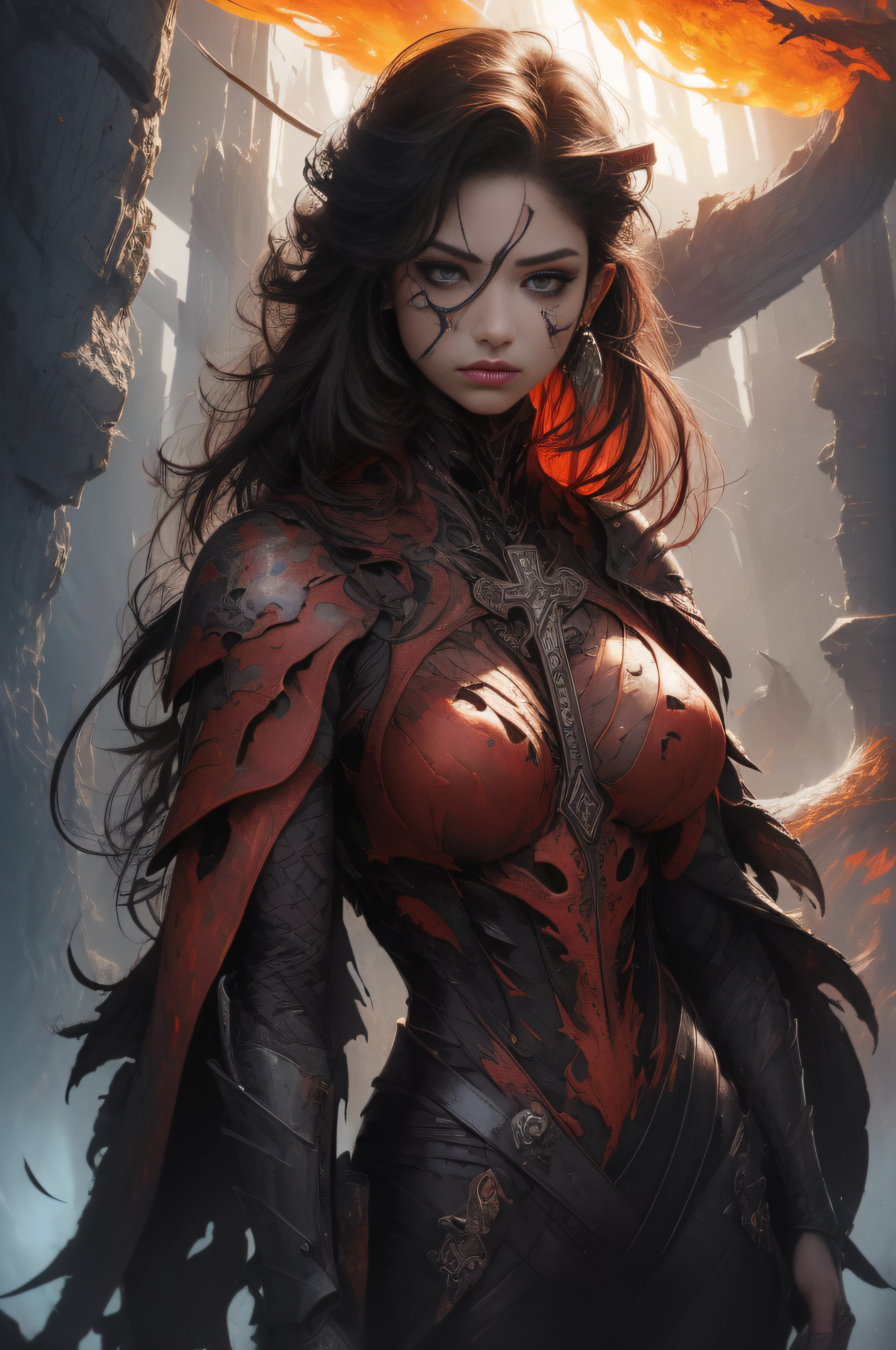 [Detailed illustrations, art based on extremely ideal anatomy, very detailed and detailed drawings, slow and delicate pen touches, realistic texture expression],((Accurate simulation of light-material interactions, understanding of air flow, mechanically correct expression))),(Design built at a high level,((Advanced structural understanding)),Ideal color coordination),(( Intricate decoration (ultra-dense detail)),(Detail,High Definition)(Color tressed lines)),(Artwork of outstanding virtuosity),(Fine and beautiful skin expression (transparency))),(Perfect and beautiful face,Realistic face detail),(Perfect eye (Realistic pupil detail (Beautiful iris drawn in detail) (Sharp pupil))),(Perfectly proportioned proportions)),( Lava Cave Background ((Flame Hell))),Demon Knight [DemonGirl with Red Skin, 19 Years Old, Slender Muscular] Flame Hair, Bone Armor (((Cross-shaped wound on chest)))) Skull Mask,(Fresh Blood Blade (Edge)),(Burning energy from inside the body)))),[Ultra Precision Detail,High Quality,High Resolution,(Multilayer Texture))],(( Visual art with a sense of narrative)).
