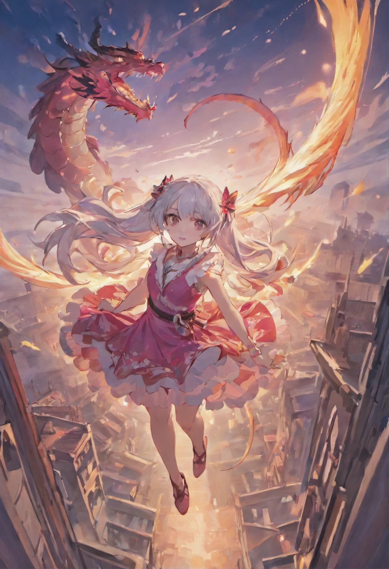 Dragons flying over the town、large plumage、highcontrast、Girl is looking at the sky、red fullmoon、splash water、Flowing flame、detailed girl、neon color、Incandescent effect、18year old、(girl with、Ice Dragon;3,7)、(((pink dress、Twintail、Rin々Shishi Face、With long silver hair)))、((Hanging Eye))、masterpiece、pixiv Winner's Drawing