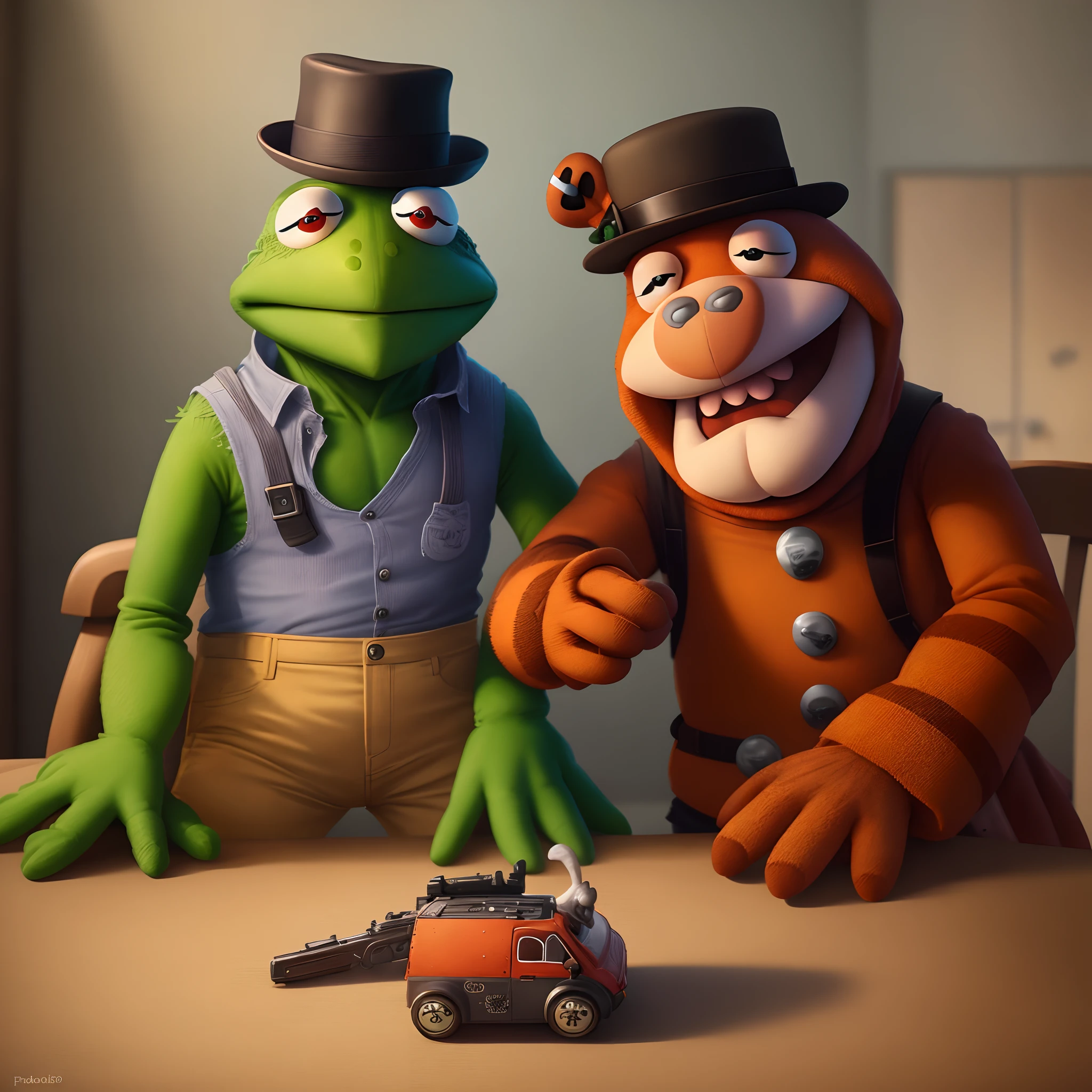 Kermit the frog and freddy fazbear having a shootout