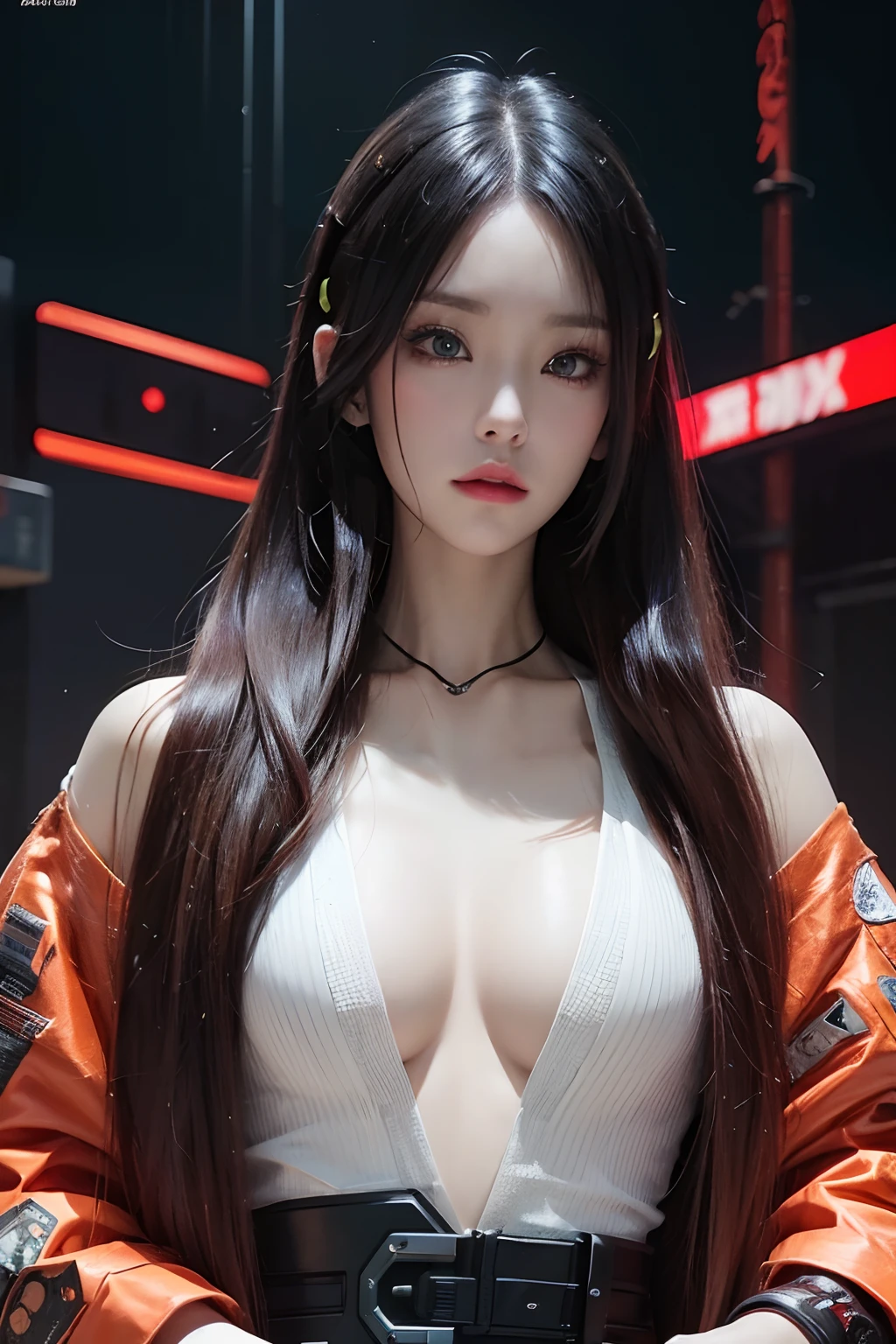 Superior quality, tmasterpiece, 超A high resolution, ((Photorealist: 1.4), photo RAW, brunette color hair, Hard skin, 1 mechanic, (Super realistic details)), globalillumination, shadowy, octan render, 8K, ultrasharp,bareface, metal, Intricate Ornament Details, egypician detail, highly intricate detail, Realistic light, CG Solution Trends, in front of camera, neon light detail, Mechanical limbs, blood vessels attached to the tube, Mechanical vertebrae attached to the back, mechanical cervical attachment to the neck, wires and cables connecting to head, Evangelion, small, bright LED lights, (Dazzling cyberpunk cityscape in the background)Close-up of a ferocious warrior holding two bloody swords, anime cyberpunk art, cyberpunk anime art, an animated character; Full-body art,Change from cyberpunk, digitl cyberpunk - anime art, digital art cyberpunk anime, cyberpunk weapons, cyberpunk theme art, Cyberpunk art style,Experienced cyberpunk anime, Cyberpunk art of a, cyberpunk horror style