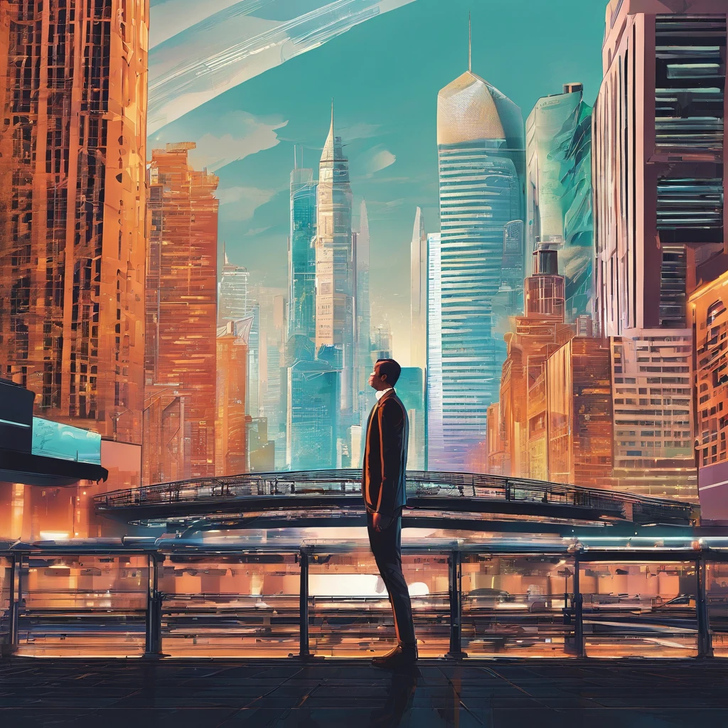 (a man wearing extravagant attire:1.1) is standing on a bridge while cars pass by underneath. The surrounding area is filled with tall buildings. The man's attire is elaborate and eye-catching, emphasizing his stylish and elegant appearance. The bridge is a prominent feature, conveying a sense of connection and movement. The scene is bustling with traffic, portraying a busy urban atmosphere. The buildings in the backdrop are towering and modern, creating a metropolitan ambiance. The lighting is vibrant and dynamic, reflecting the energy and liveliness of the city. The colors are vivid and saturated, adding visual interest to the composition. The overall image quality is exceptional, with sharp details and high-resolution rendering. It exudes a realistic and photorealistic aesthetic, as if captured by professional photography. The combination of the man's presence, the architectural setting, and the urban activity creates a captivating fusion of fashion, urban life, and modernity.