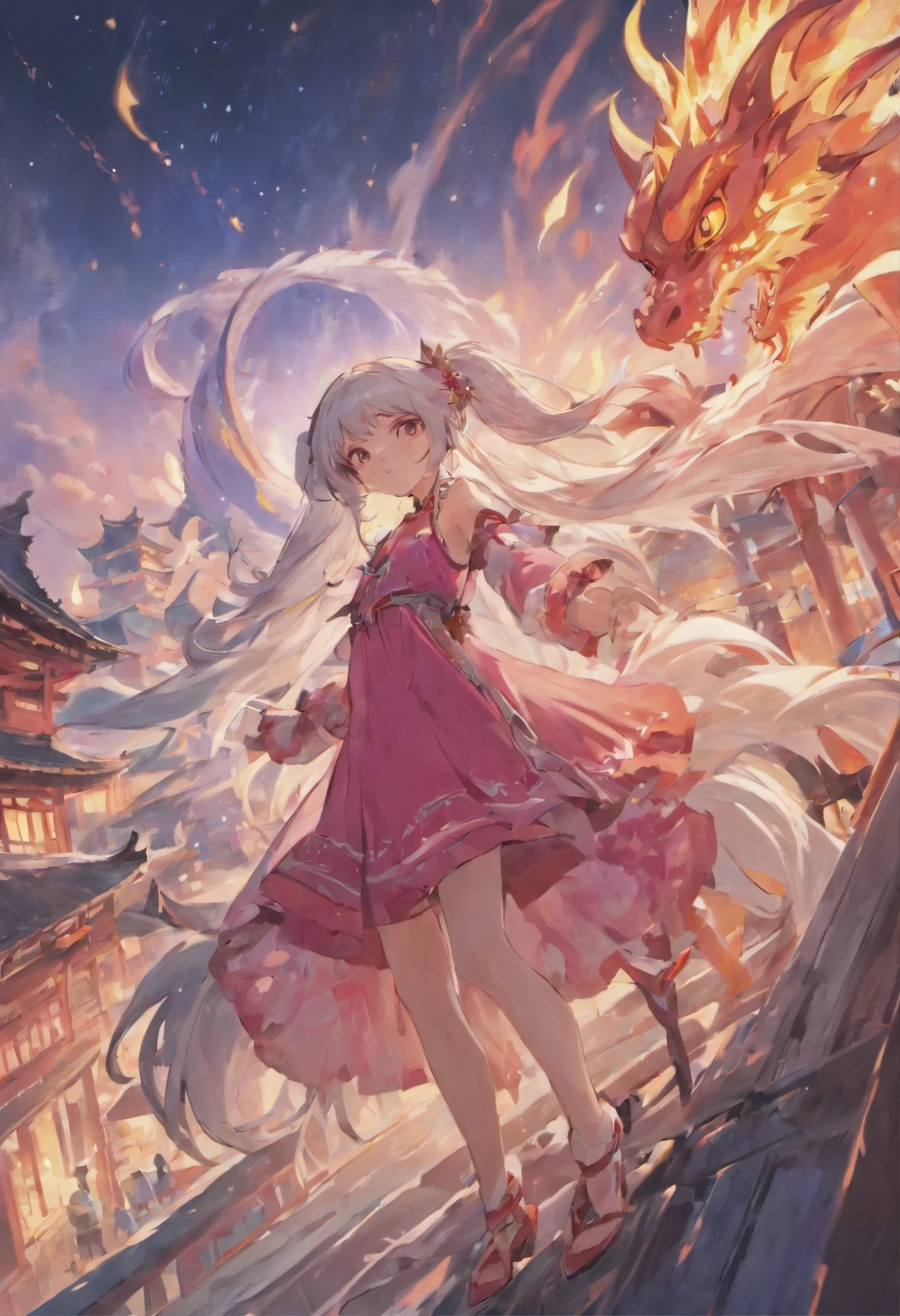 Dragons flying over the town、large plumage、highcontrast、Girl is looking at the sky、red fullmoon、splash water、Flowing flame、detailed girl、neon color、Incandescent effect、18year old、(girl with、Ice Dragon;3,7)、(((pink dress、Twintail、Rin々Shishi Face、With long silver hair)))、((Hanging Eye))、masterpiece、pixiv Winner's Drawing
