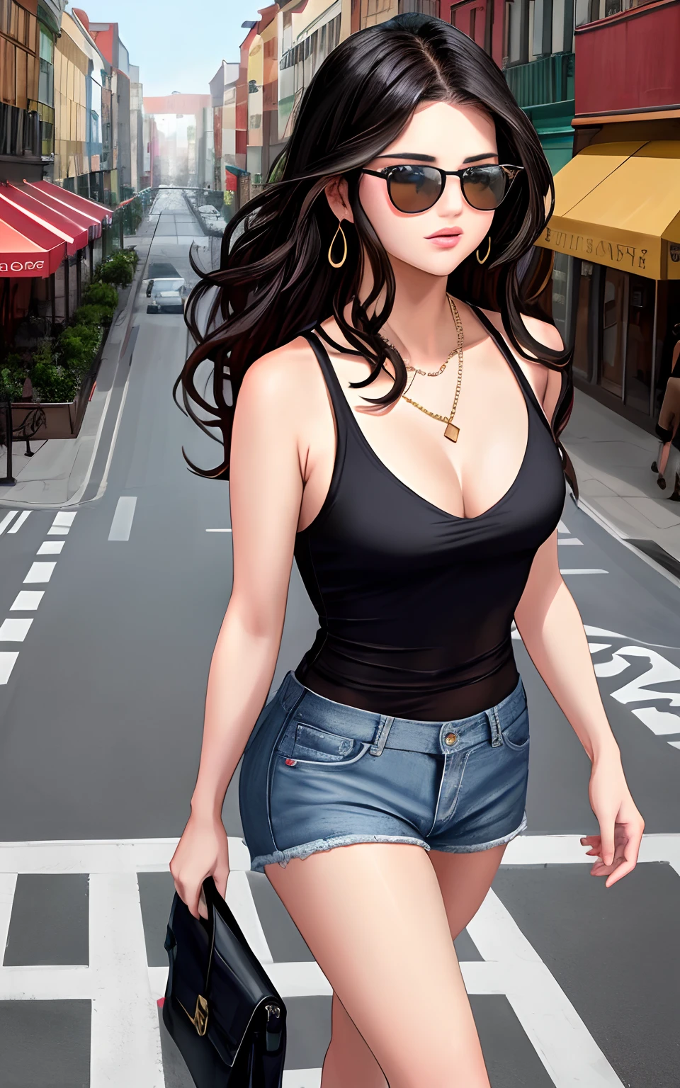 Selena Gomez, sexy,walking in a street,top view,back view,small top,mini short jeans,detailed makeup,loose wavy hair,confident expression,trendy sunglasses,stylish earrings,fashionable necklace,fit body figure,long legs,high heels,pedestrian crossing,cityscape background,colorful graffiti,urban vibe,bustling atmosphere,vibrant colors,soft natural light,high contrast,medium:oil painting,ultra-detailed(best quality,4k,8k,highres,masterpiece:1.2),photorealistic(realistic,photo-realistic:1.37),professional,stunning portraits,colorful palette,bokeh lighting,catchy outfit.
