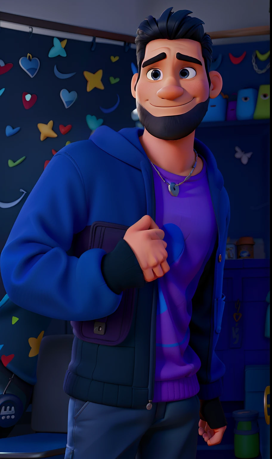 Homem no estilo Disney pixar, branco, cabelo preto, estiloso, roupa na cor azul e roxa, Chain cord, em um fundo preto com detalhes coloridos, no camarim. Alta qualidade.