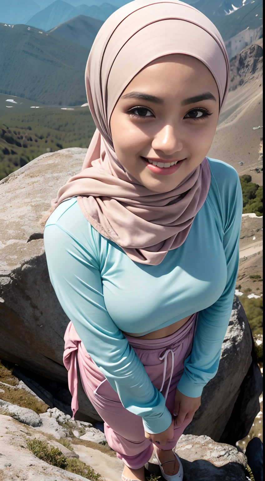 RAW, Best quality, high resolution, masterpiece: 1.3), beautiful Malay woman in hijab (iu:0.8),Best quality, high resolution, Masterpiece: 1.3, Beautiful hijabi malay girl, Masterpiece, Soft smile,Beautiful Malay women wear pastel color hijab (setting on the top of mountain:1.2) , bright sunshine, hiking clothes, pullover, long pants, highres,4k,HDR,1girl, photorealistic, realistic,sweat skin, wet clothes, wet body, big breast, ((full body))soaked, dripping, smiling at viewer, closeup