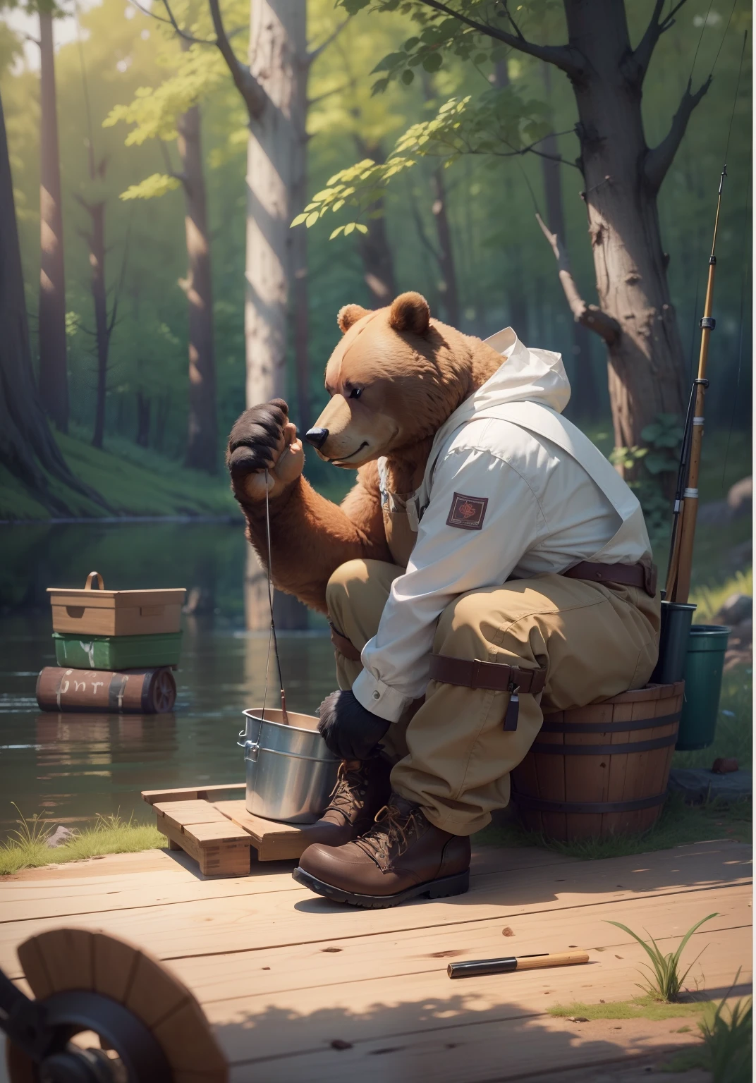 (On parchment paper, Sheet Characteristics), A full body shot, with the image of a large cartoon brown bear, Dressed in fishing boots, Perch caught in paws, Next to it is a box with fishing gear, On a summer day in a meadow a bucket of fish,, Character sheet of old parchment paper with 24K resolution, high detail, photo realism, Realistic sketch, Rough sketch, mix of bold dark lines and loose lines, bold lines, humanoid, centered, Focus on character, Big Fish Fluffy Bear Paws, Рафф Баттл носит Visage Dusty Cute.