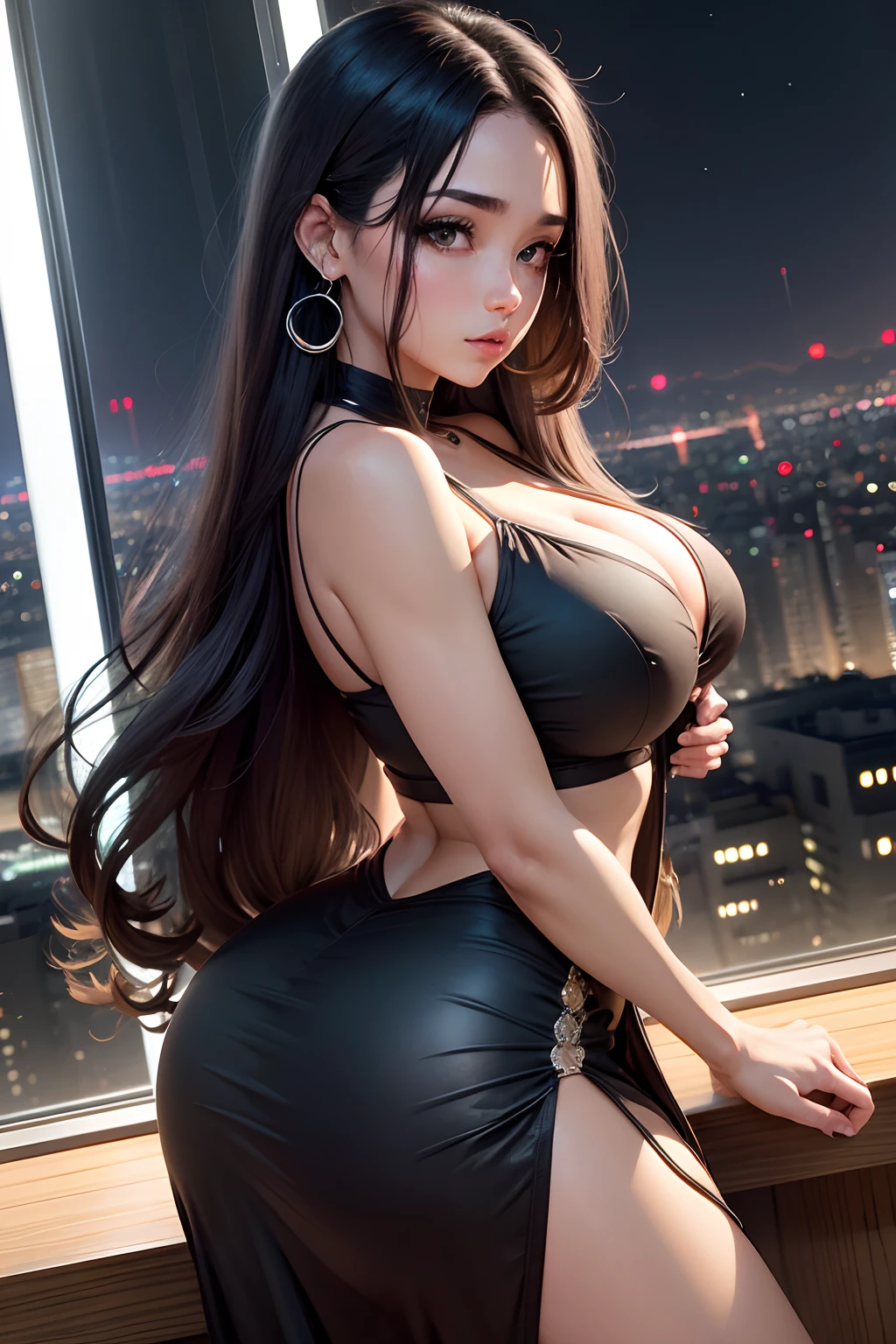 Mulher linda, jovem, de cabelos longos e brancos, olhos grandes azuis, seios grandes e fartos, quadris largos, vestido justo longo preto com fenda na lateral, com pele a mostra, grandes luvas, pele branca, levemente corada, ambiente noturno, Tokyo Night Lights、very high definition.