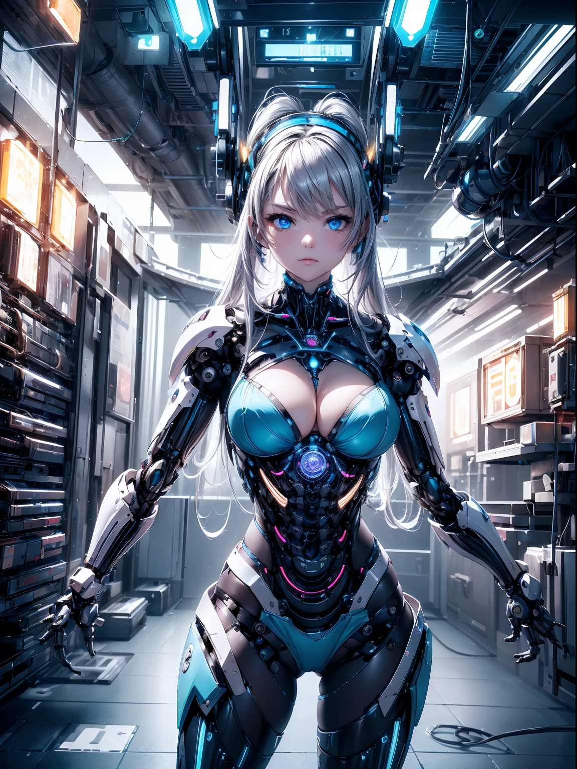 absurderes,(masterpiece、top-quality、8K ),intricate detailes,ultra-detailliert、1 Beautiful, And a woman of perfect proportions,(Machine Girl 1.3),Purple long hair,cleavage,Navel,Stomach,(Mechanical body,mechanical arms :1.4),(greenr&Silver metallic body:1.3),Neon Light Parts,Red glowing neon lights,Blue Glowing Neon Lights、Mechanical headgear ,(Cyberpunk ),(fighting stance:1.2),Hyper realistic,Perfect Anatomy