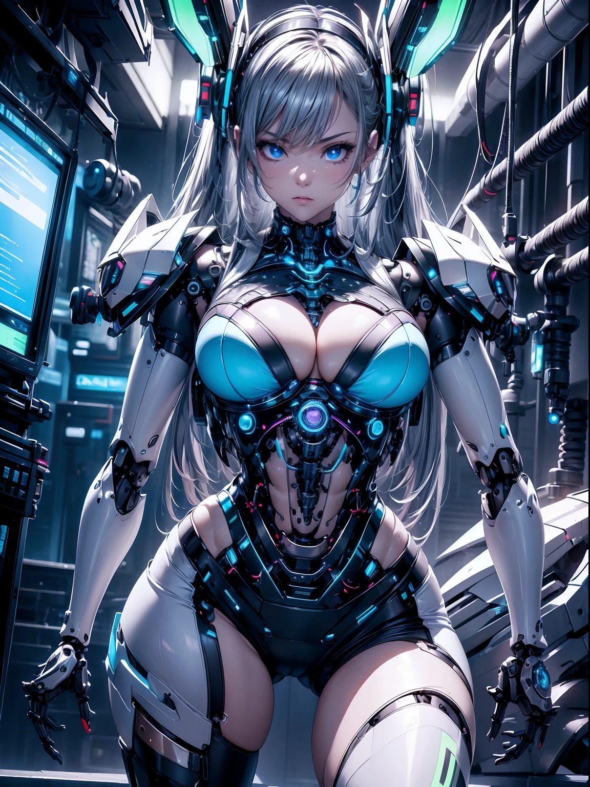 absurderes,(masterpiece、top-quality、8K ),intricate detailes,ultra-detailliert、1 Beautiful, And a woman of perfect proportions,(Machine Girl 1.3),Purple long hair,cleavage,Navel,Stomach,(Mechanical body,mechanical arms :1.4),(greenr&Silver metallic body:1.3),Neon Light Parts,Red glowing neon lights,Blue Glowing Neon Lights、Mechanical headgear ,(Cyberpunk ),(fighting stance:1.2),Hyper realistic,Perfect Anatomy