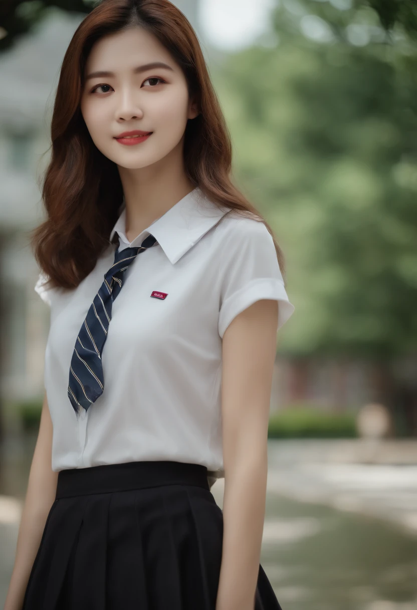 18 years old female, long-haired, RAW photo, bokeh (Realism: 1.4, Realistic), High Detail CG Wallpaper 8K Turnkey, 1girls, ((Slim body: 1)), (Small breasts: 1), Return to Viewer, ((Direct view from the front)), (HQ skin: 1.4), 8k UHD, DSLR, Soft light, High Quality, grain of film, Fujifilm XT3, ((School uniform, short skirt,View through an open skirt:1.5)), ((outdoor, at park))) Jangju, portrait,((Short multi-layer haircut, Black Rentals,small breast:1.2)),(looking at the audience:1.4),(Full body:1.8)
