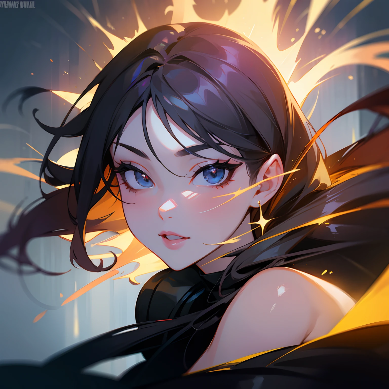 Waist up (perspective angle from bottom to top) super heroine hot girl (masterpiece), best quality, expressive eyes, perfect face, art in fantasy mythic action effect, sharp focus, wearing super detailed suit with mechanicles part & hero cape, cybersamurai, glowing, holding sword