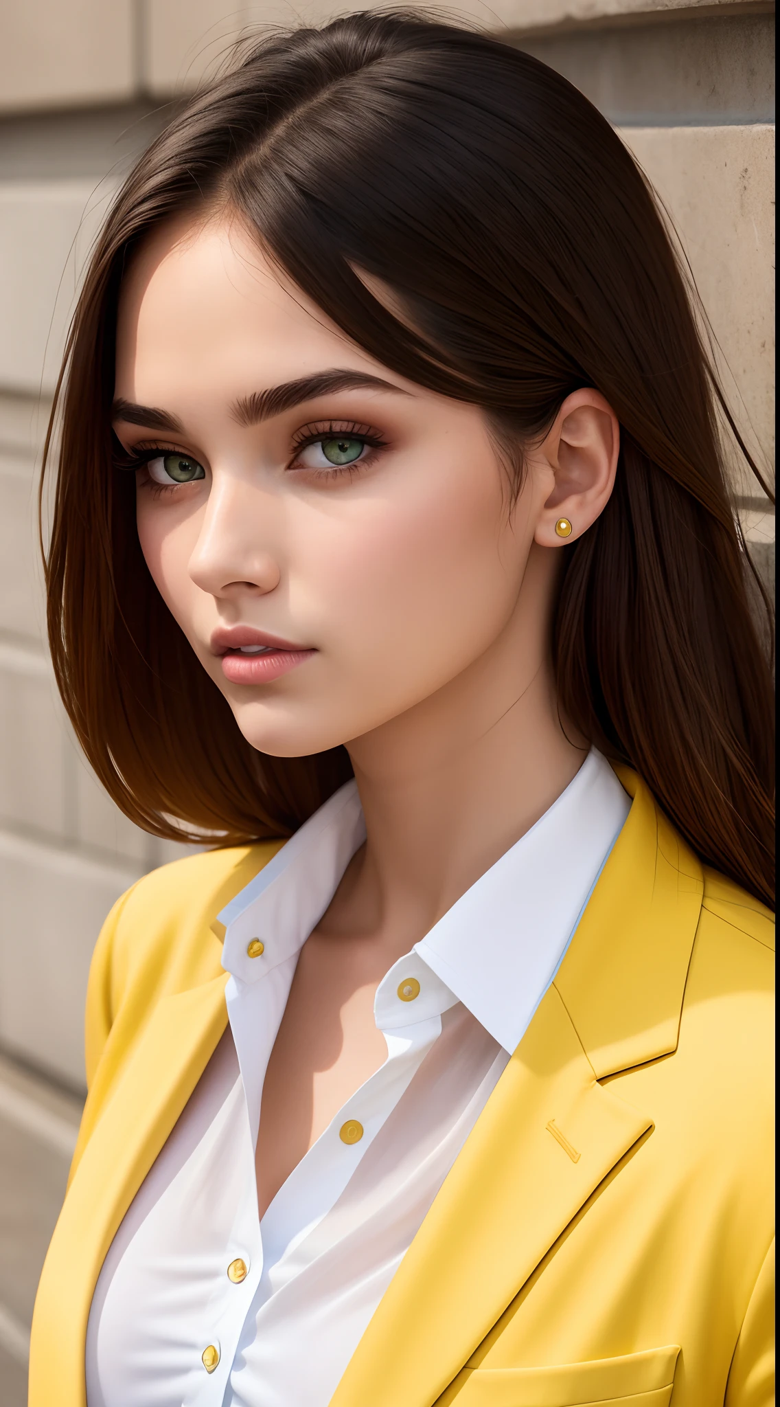 Girl, Headshot, model like facial features, attractive eyes, yellow blazer, white tshirt