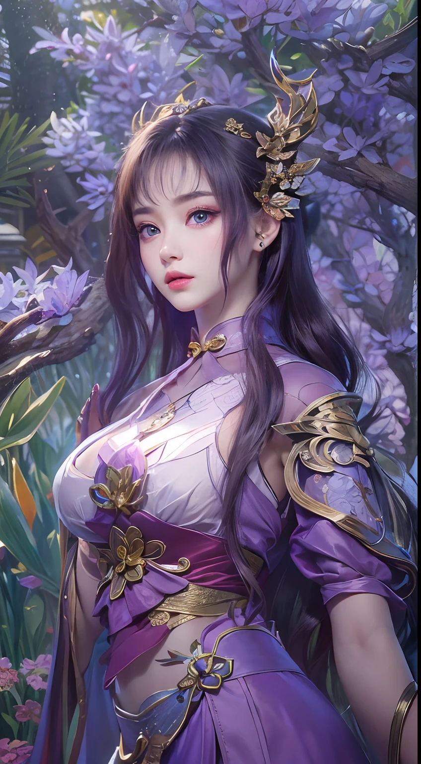 a close up of a woman in a purple outfit standing in a garden, full body xianxia, zhongli from genshin impact, inspired by Li Mei-shu, yun ling, heise jinyao, inspired by Pu Hua, a beautiful fantasy empress, keqing from genshin impact, inspired by Lan Ying, portrait knights of zodiac girl, sha xi, portrait 1 girl, big round breasts, symmetrical breasts, tight breasts, breast augmentation, light purple eyes, the most beautiful eyes, beautiful and extremely detailed face makeup,