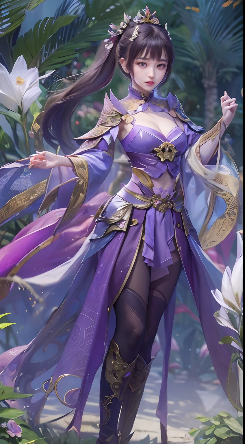 a close up of a woman in a purple outfit standing in a garden, full body xianxia, zhongli from genshin impact, inspired by Li Mei-shu, yun ling, heise jinyao, inspired by Pu Hua, a beautiful fantasy empress, keqing from genshin impact, inspired by Lan Ying, portrait knights of zodiac girl, sha xi, portrait 1 girl, big round breasts, symmetrical breasts, tight breasts, breast augmentation, light purple eyes, the most beautiful eyes, beautiful and extremely detailed face makeup,