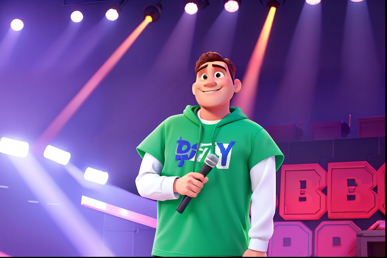 Homem no estilo Disney pixar, alto, brown, camisa verde escrito everlast, with microphone in hand, sorrindo, no palco. Alta qualidade.