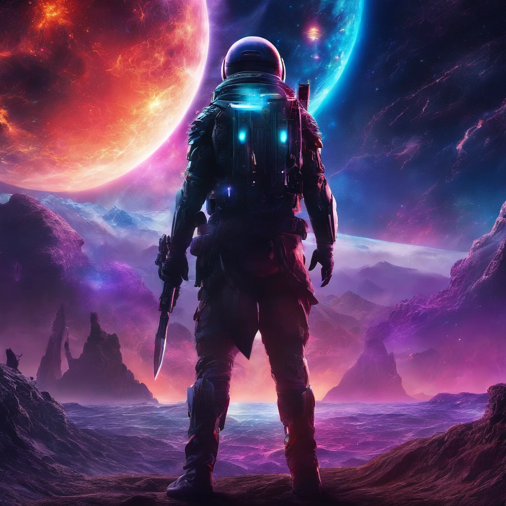 a lonely swordsman standing in the midst of a cosmic starry sky, surrounded by monsters. (best quality,4k,8k,highres,masterpiece:1.2), ultra-detailed, (realistic,photorealistic,photo-realistic:1.37), HDR, UHD, studio lighting, extreme detail description, professional, vivid colors, bokeh, illustrations, dark shades, vibrant colors, dynamic lighting, ominous atmosphere, glowing eyes, menacing creatures, mysterious background, intense action, powerful sword swings, otherworldly weaponry, epic battle scene, cosmic energy, ethereal glow, cosmic nebula, intense star clusters, vast universe, mythical creatures, dramatic poses, dramatic angle, intense emotions, sci-fi elements