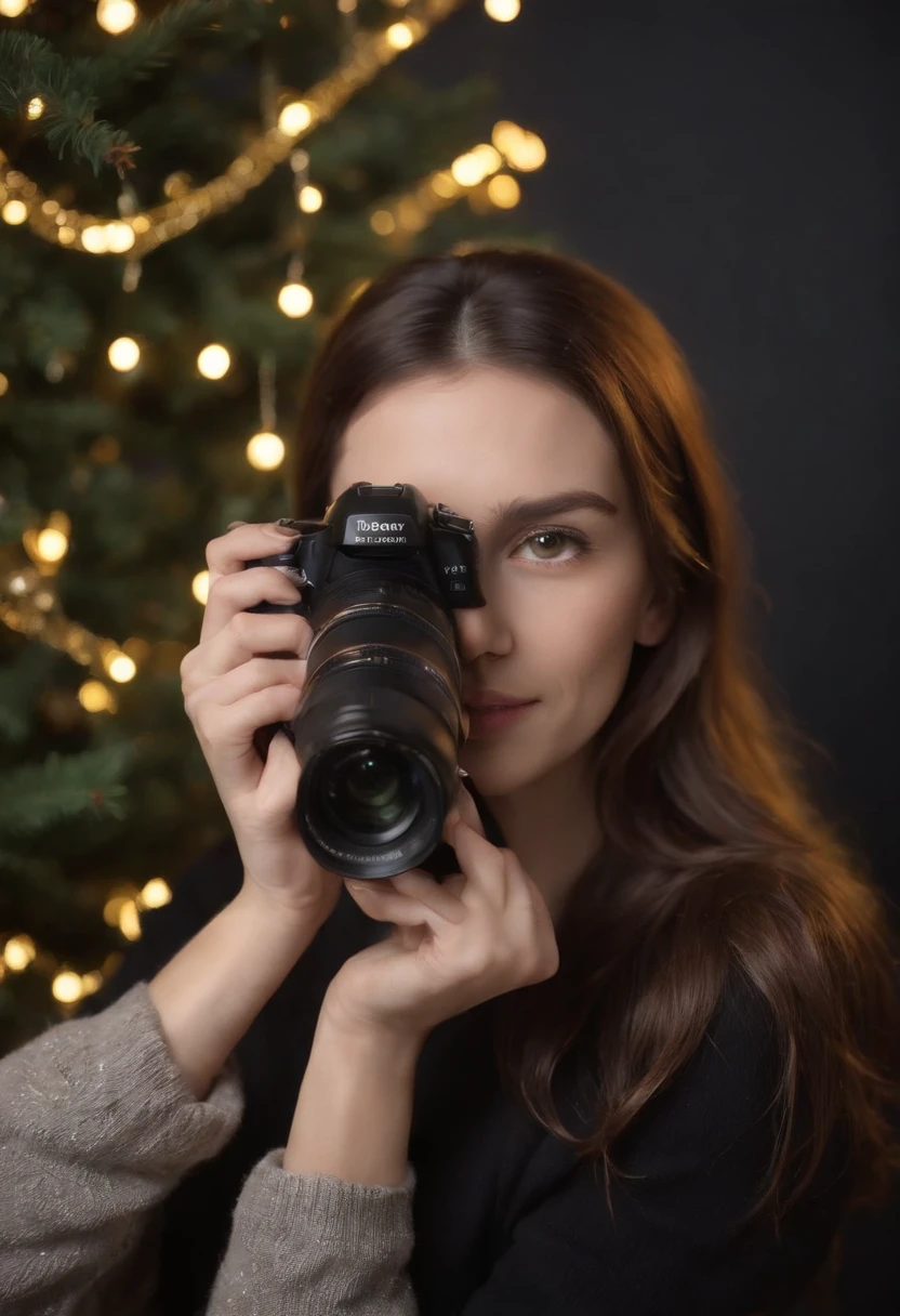 Girl taking photo against a black background, behind a Christmas tree with many yellow pearls and falling snow, ultra sharp focus, realistic shot,