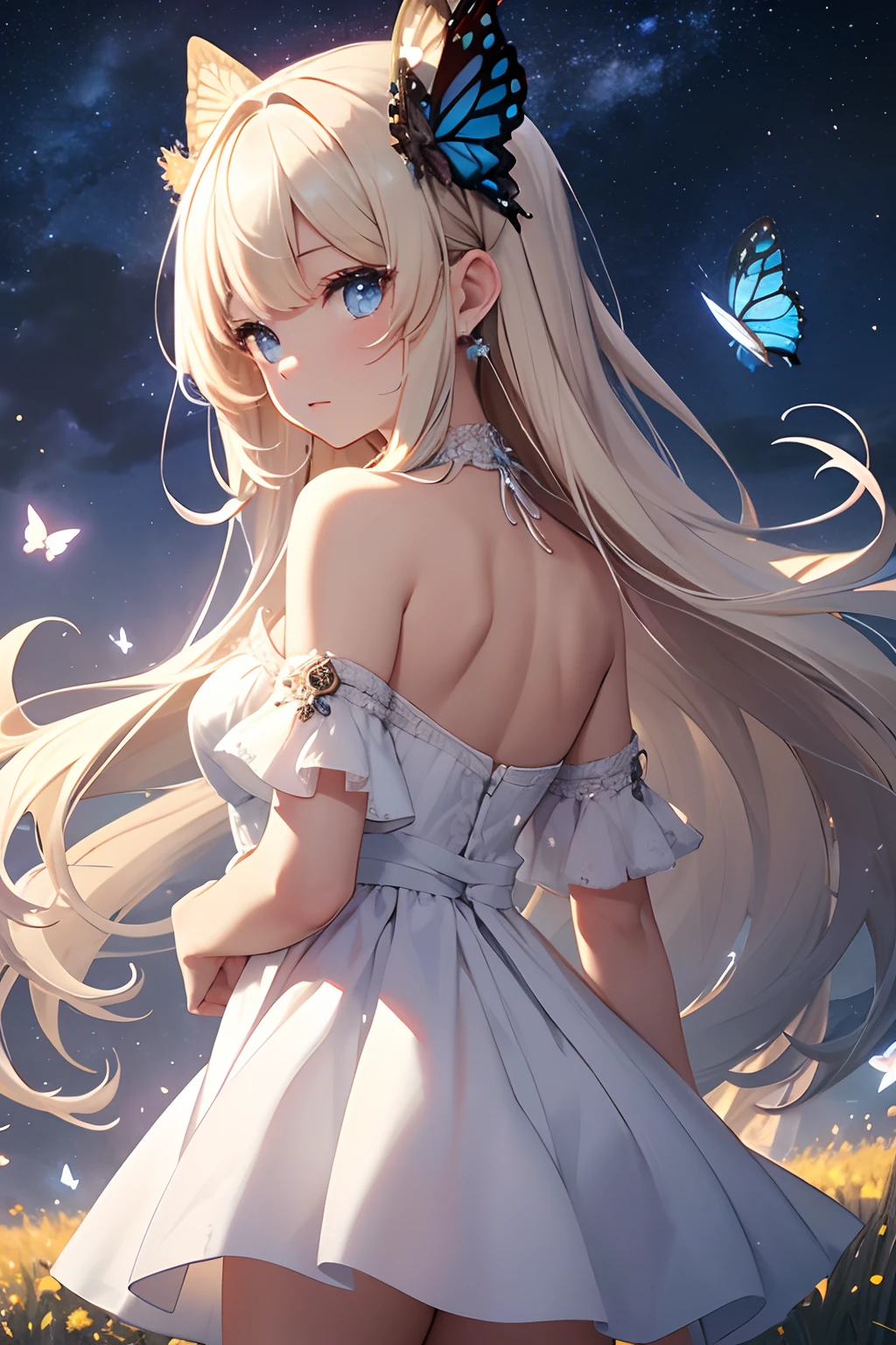 masterpiece、Background with((Fantastic starry sky、kosmos、black hole))、heavy wind、Standing in the distance、Butterflies in a white mini dress with a slit々Embroidery、Blonde Long、Butterflies with hair in a bun々Pin in、a beauty girl、butterflys々emits light blue light