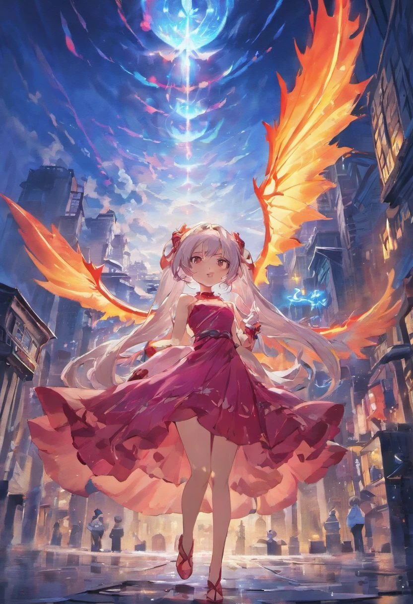 A dragon flying over the city、large plumage、highcontrast、Girl is looking at the sky、red fullmoon、splash water、Flowing flame、detailed girl、neon color、Incandescent effect、18year old、(girl with、Ice Dragon;3,7)、(((pink dress、Twintail、Rin々Shishi Face、With long silver hair)))、((Hanging Eye))、masterpiece、pixiv Winners' Lottery、((Blue Dragon))、dark colored、fine lines、detaileds