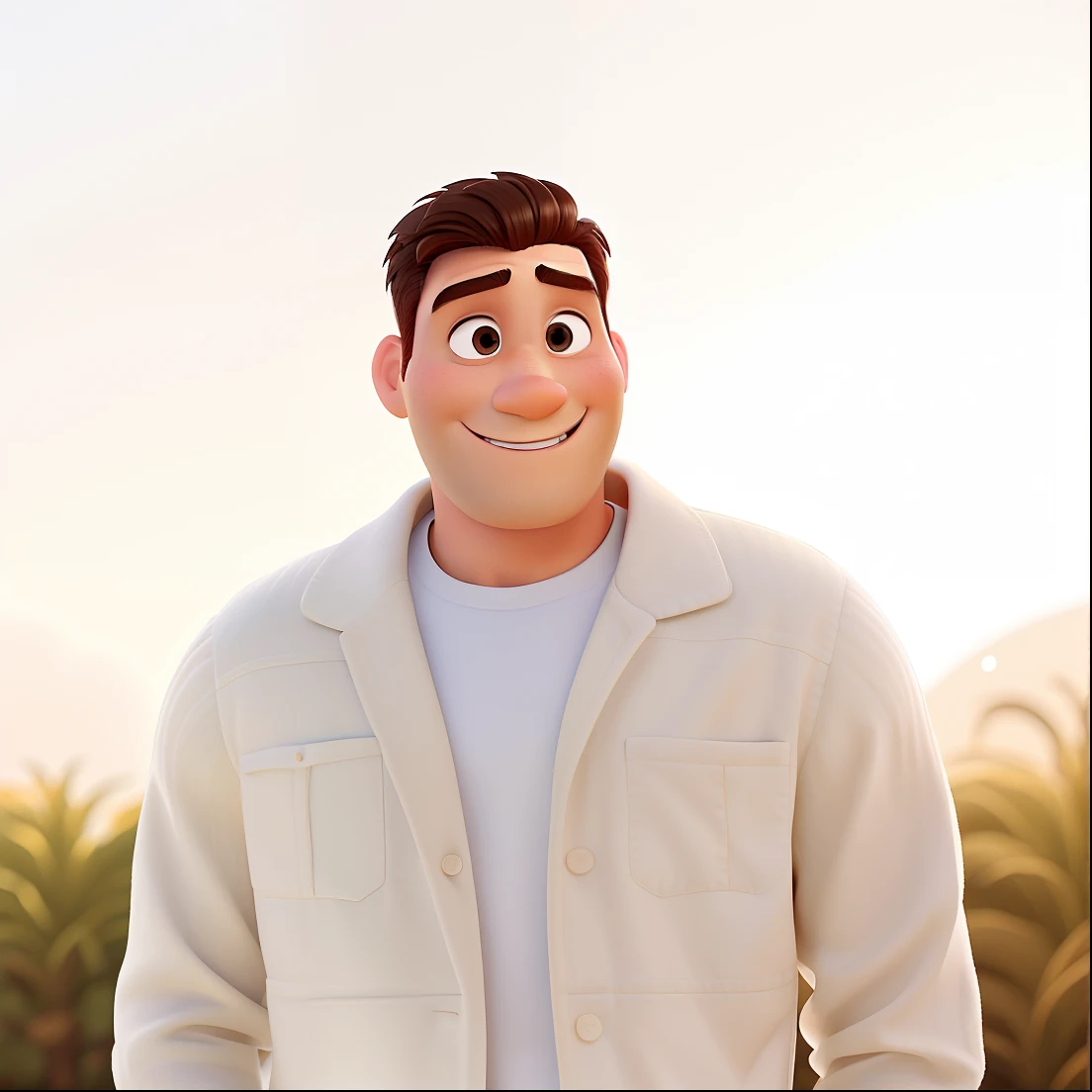 Um homem no estilo pixar, branco, cabelo castanho, sorridente, cantor, em fundo claro, roupa branca, alta qualidade.