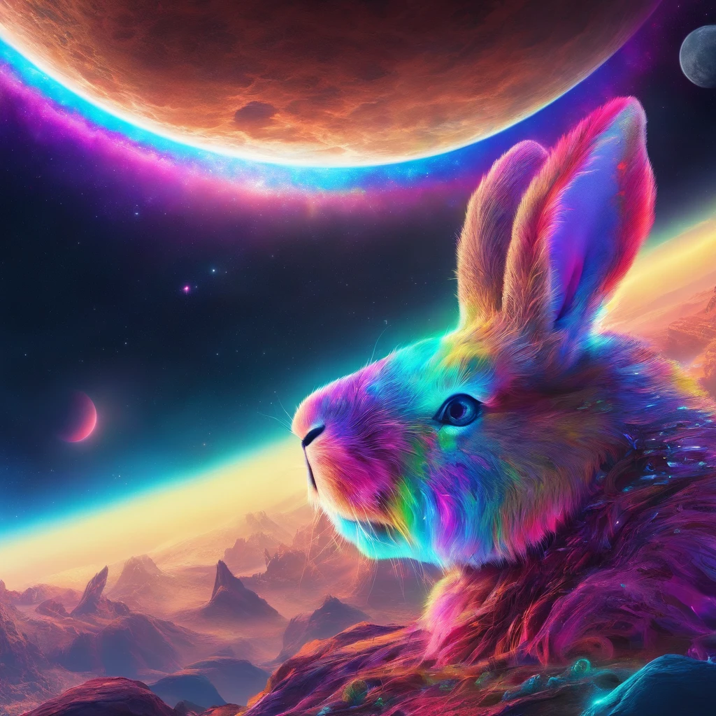 (best quality,4k,8k,highres,masterpiece:1.2),ultra-detailed,realistic,hyperrealistic,cosmic,gigantic colorful rabbit with mesmerizing rainbow fur,chewing on the moon,astronomical proportions,beautiful detailed eyes,long eyelashes,sharp focus,harmony of vibrant colors,soft lighting,otherworldly scene,lunar landscape