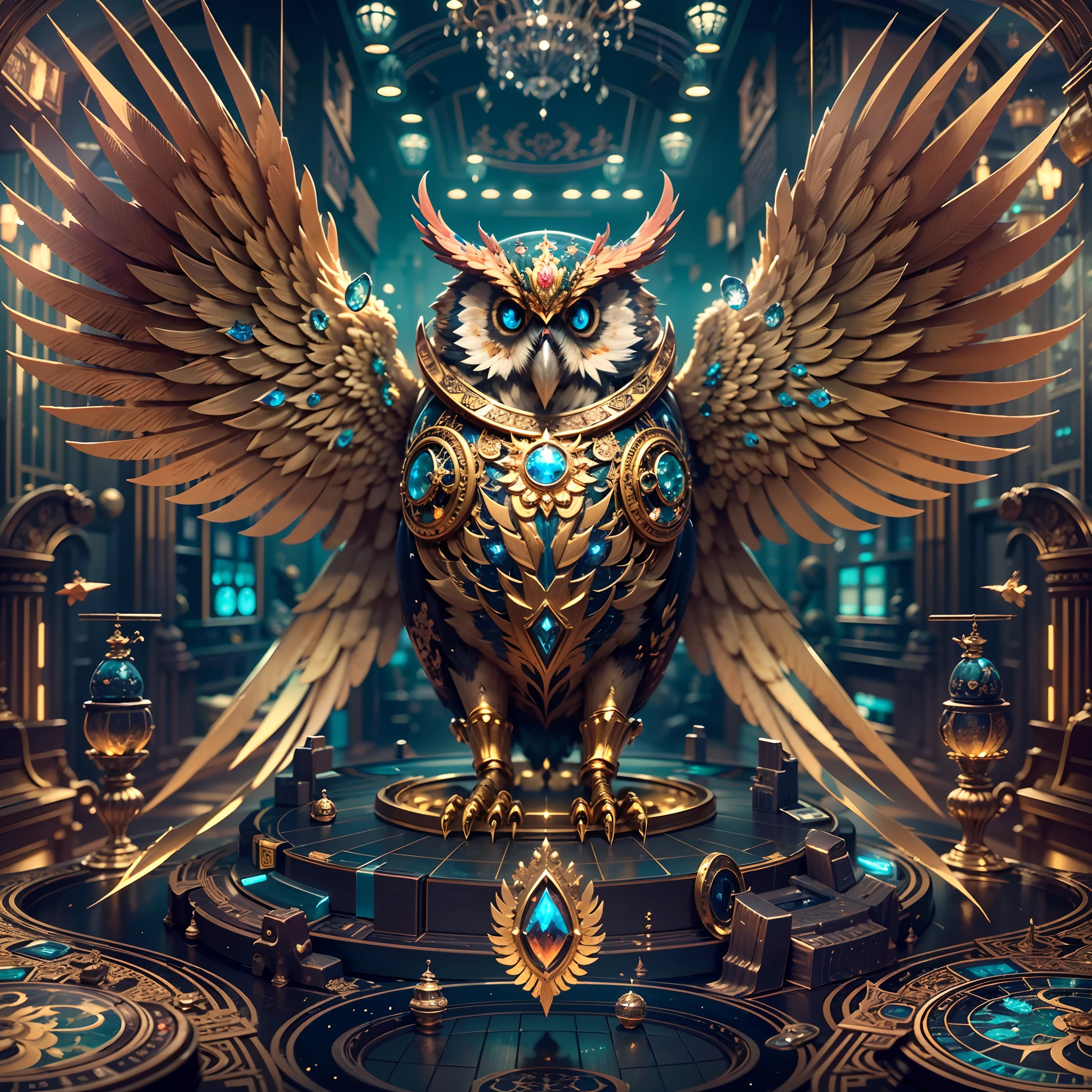 in a panoramic view，photorealestic，A giant golden mechanical owl flying in space，The modular composition of the whole body gold machinery，Gold and precious metal casting，blue gem eyes，The feathers are made of gold wire，It features charming Ottoman decorative motifs，Set with luxurious gemstones in a variety of colors，High-tech wings，Tail bomb propulsion，Decorated with diamonds，The huge wings are densely covered with extravagant ornaments，Huge mechanical phoenix，Fly over the galactic starry sky，There are fighters around，Perfectcomposition，the detail，The light and shadow work best，HighestQuali，This CG-rendered realistic painting gives a grand scene and visual impact，Let the viewer feel a wonderful and magnificent sci-fi world。Epic，detail-rich，It forms a spectacular sight，Use Pixai to bring powerful AI models to life, Show the limitless creativity and possibilities of our imagination. Experience the future of the cityscape at Pixai，Immerse yourself in a visionary world of art，the detail, Masterpiece, Best quality, 8K, (Oily skin, cell-shaded:1.3), line art in colour, (The art of Maciej Cuciara:1.15), art of greg rutkowski，Intricate details, finetextures, Surreal，Perfectcomposition，A detailed，Cinematic texture，realisticlying，photorealestic，HighestQuali，，Version tone mapping， highly  detailed， Smoothness， Sharp focus， Beautiful illustration， Epic effect，photore， The light from the back window is backlighted， 动态照明， Mist， 复杂， filmgrain， professinal，，Volumetriclighting， subsurfacescattering， Good highlights， Good shadows， cinematic ligh，Beautiful studio soft light，rim-light，ellegance，beatiful background，rendering by octane，HR Giger style，8K，top Quority，tmasterpiece，illustratio，smooth and beautiful，highly  detailed，CG wallpaper，（realisticlying，Fidelity：1.37），outstanding，Exquisite details，tmasterpiece