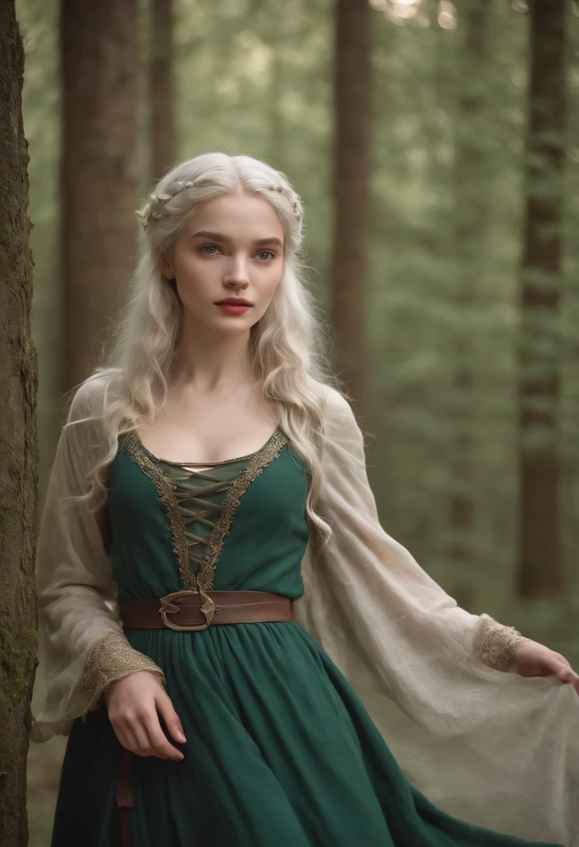 body shot, fair complexion, medieval girl around 17 years old, small breasts,, thin waist, thick large hips, walking in the forest, very curly white hair, distinctive green eyes,, slender and graceful, bare feet, long skirt, beautiful, candlelight in a medieval setting, ultra sharp focus, realistic shot, medieval female clothes, tetradic colors (scar:1.4)