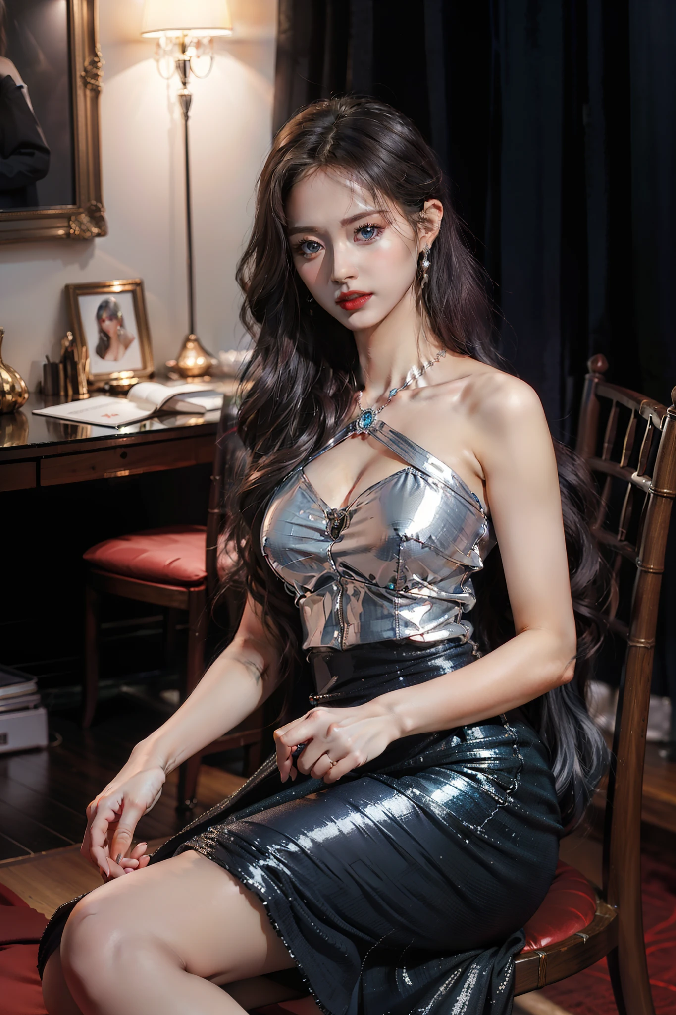 Top quality work,Photorealistic works,Ultra Premium Graphics,8K HD CG works,High-quality graphics,High-definition fine CG works,10x pixel,Ultra-fine details:1.1,Advanced technical details:1.1Photographically realistic,Indoor lighting effects:1.5,Natural light:1.5. light effect(Virtual Light Effects:1.8),超A high resolution,Shiny Blue Dress,Long silver hair,Silver hair,Transparent hair,High Detail Hair(Premium Hair Detail:1.1)Clear eyes,Good looking double eyelids,Sharp eye makeup, Delicate makeup for eyelashes, Thin eyebrows, ultradetailed eyes,High Nose, lovely red lips, Rose cheeks, Face with delicate makeup , Pretty Face, A perfectly proportioned face,(Advanced facial details:1.1)Collection of shiny blue luxury dresses,Blue Sequin Dresses,Sequin coat,shiny,Tight long skirt,Summer Sexy Hip Wrap Fishtail Sleeveless Commuter Maxi,Horse Stockings 100%Oil Gloss Panst Gloss Silk Luster 8D Black Silk Woman,stiletto heels,mitts,Beautiful long dresses,wonderful dress,Bright Red Series,Haute Couture Dresses Collection,Dress Photography,Authentic dress works,In the banquet hall,Women's Artwork,full-body view,Goddess of Dress,真实感,amazing,Today's eyes are bright