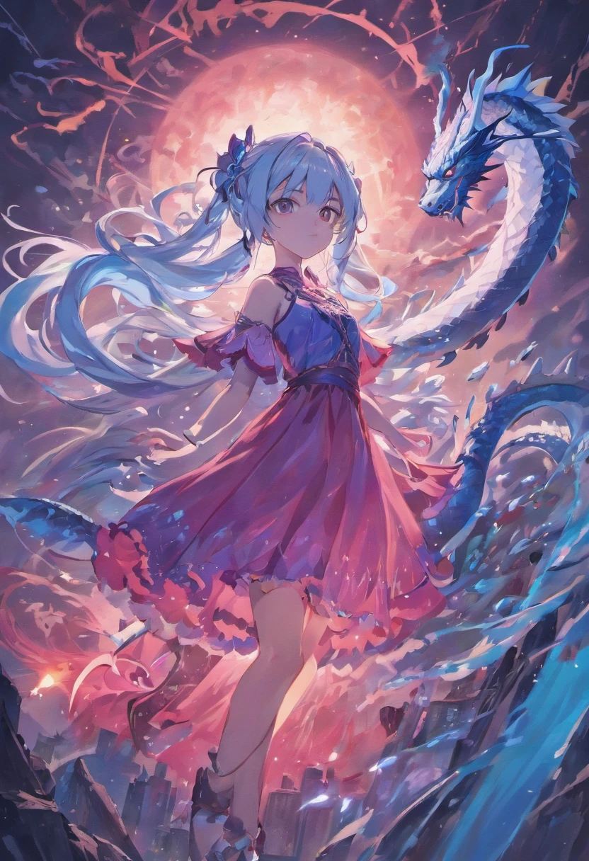 A dragon flying over the city、large plumage、highcontrast、Girl is looking at the sky、red fullmoon、splash water、Flowing flame、detailed girl、neon color、Incandescent effect、18year old、(girl with、Ice Dragon;3,7)、(((pink dress、Twintail、Rin々Shishi Face、With long silver hair)))、((Hanging Eye))、masterpiece、pixiv Lottery、((Ice Blue Dragon))、dark colored、fine lines、detaileds