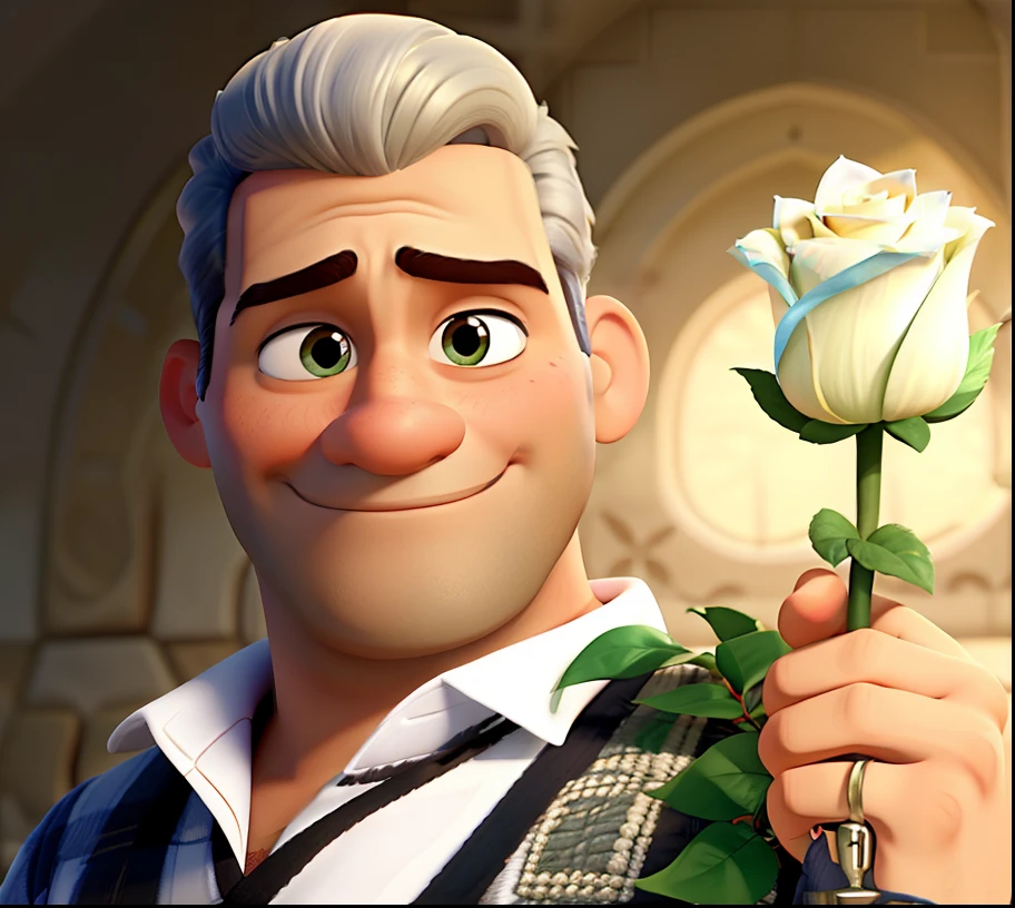 Homem estilo disney pixar, branco, loiro, graves, olhar sexy, Holding a white rose with her left hand. Fundo amarelado. Alta qualidade.