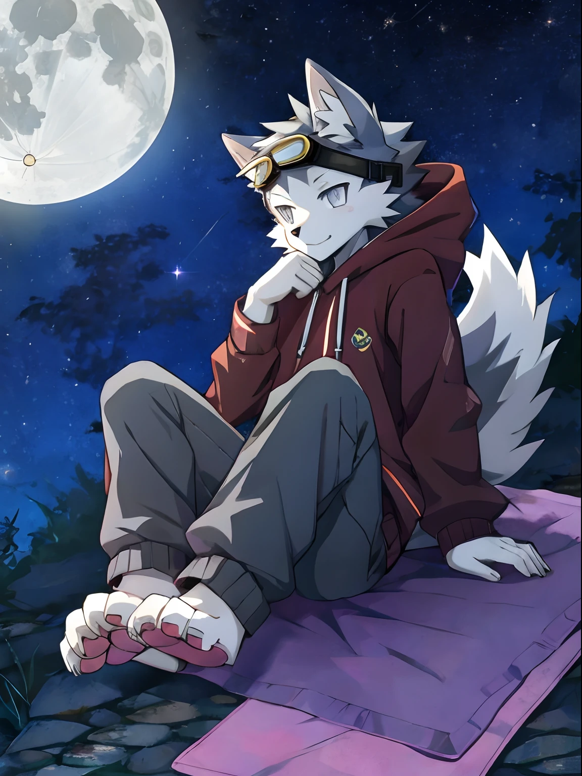 A white, Werewolf-like creatures，It has gray fur, Wear goggles, Take an hourglass, Floating cannons around, in an anime style, Sleep under the moon, high high quality, With pink cushions, Furry gray tail, Wearing a hoodie with a blue pattern.The pink mat is exposed，shoun，There is a blue triangle on the paws，Gray and white eyes