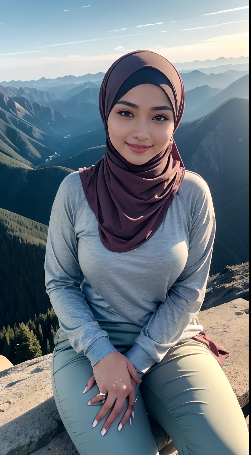 ((stunning and elegant Malay teacher wearing hijab sitting in a cable car), Realistic lighting, best quality, 8K, ((masterpiece)), (1girl), soft curves, thin eyes, Double eyelids, mysterious, Focus: 1.2, Perfect beauty: 1.4, Slim Abs: 1.1, (Long dark brown hair, Big breasts: 1.3), (((smiling))), (sweet), highly detailed skin, realistic skin details, (upskirt), snow mountains in the background, 20-year-old