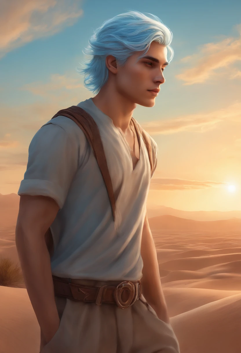 beautifully drawn, High quality, Super detailed CG illustration of a young man with a calm expression, Staring into the distance with light blue hair gently swaying in the desert breeze. The view behind him is vast and breathtaking, Draw viewers into a world of wonder and exploration.