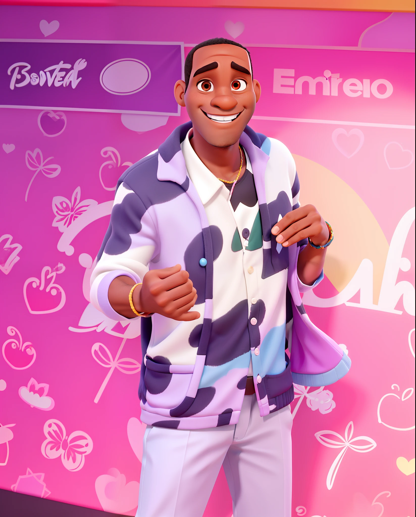 Um homem estilo Disney pixar, negro, careca, estiloso, sorridente, cantor, alta qualidade, melhor qualidade. Em um fundo rosa com o texto: TARDEZINHA