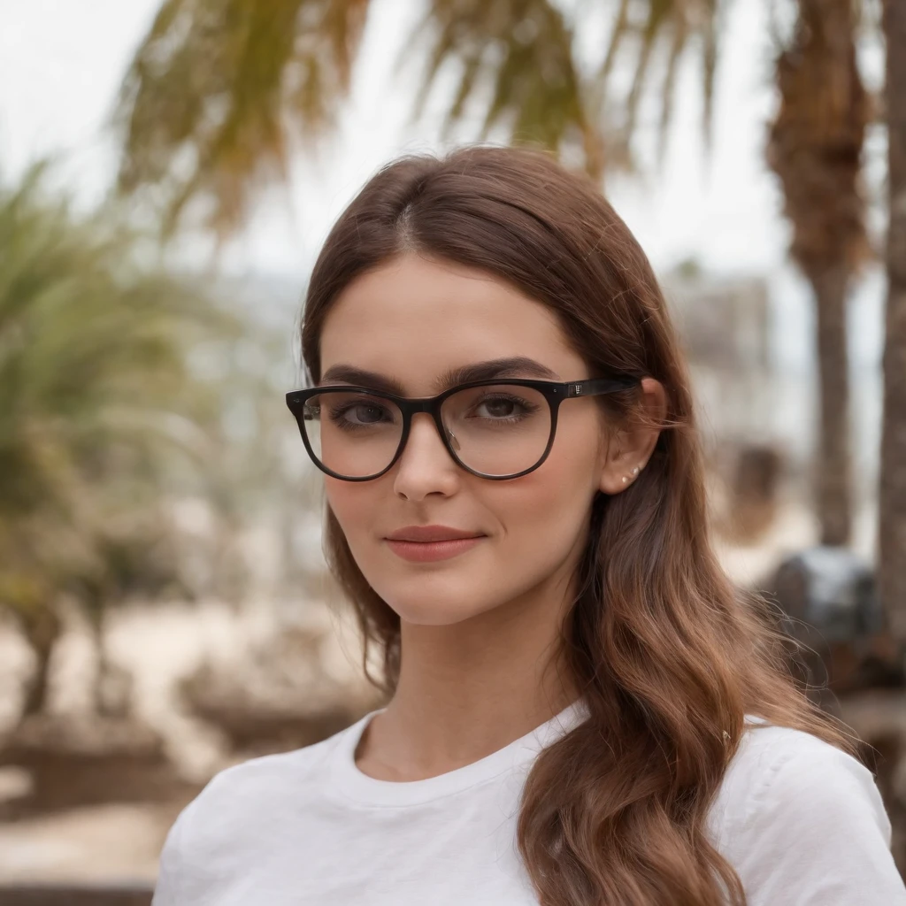 A 25-year-old woman looking at the camera, com unhas bem feitas, cabelos loiros, um sorriso lindo, wearing goggles, White T-shirt with the inscription 'Blink Models' in black letters, uma passarela ao fundo com um desfile de moda, um computador ao lado, hiper-realista, estilo 3D Pixar
