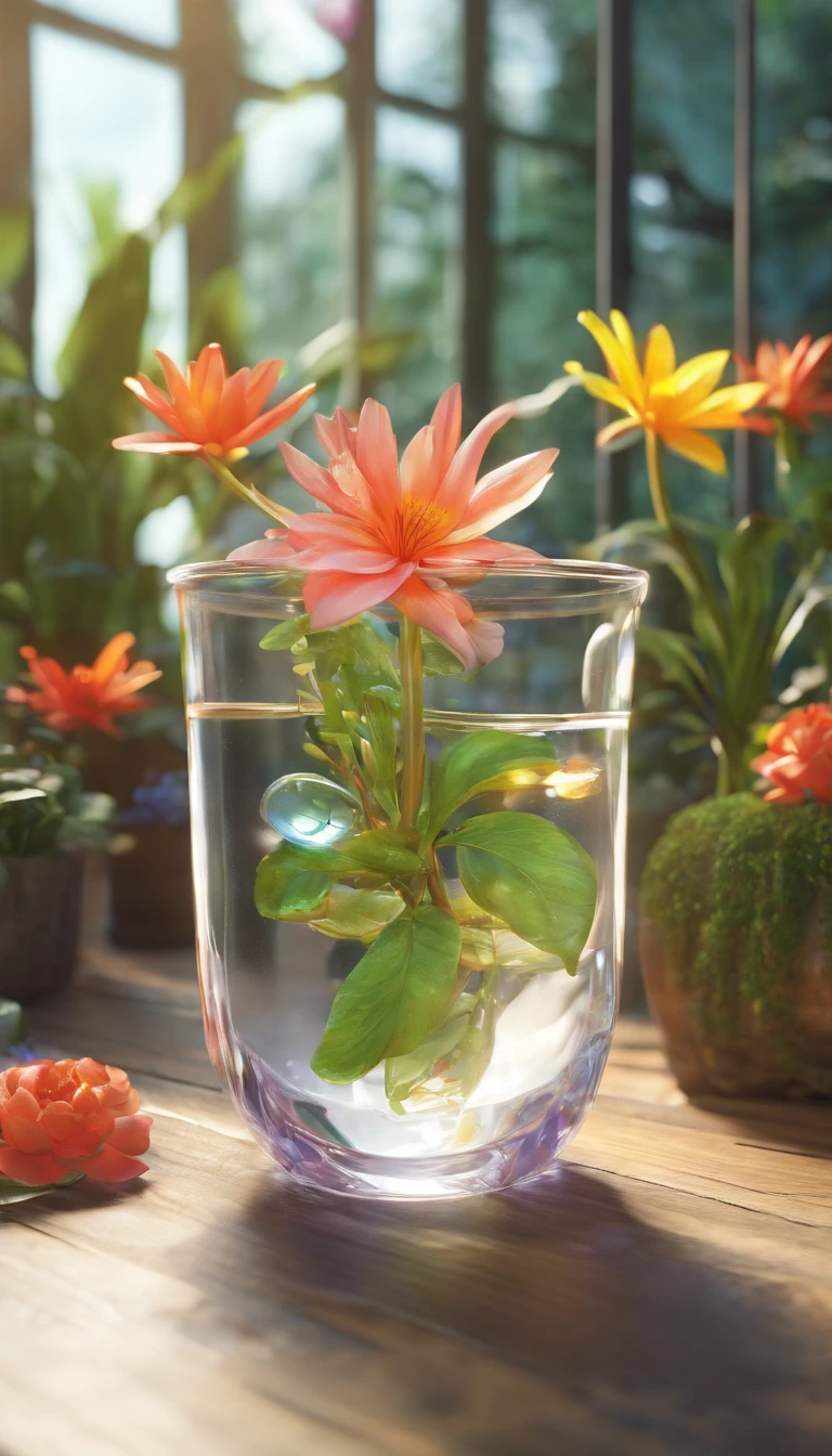 Close-up of transparent water cup in the middle,Surrounded by an environment of flowers and plants