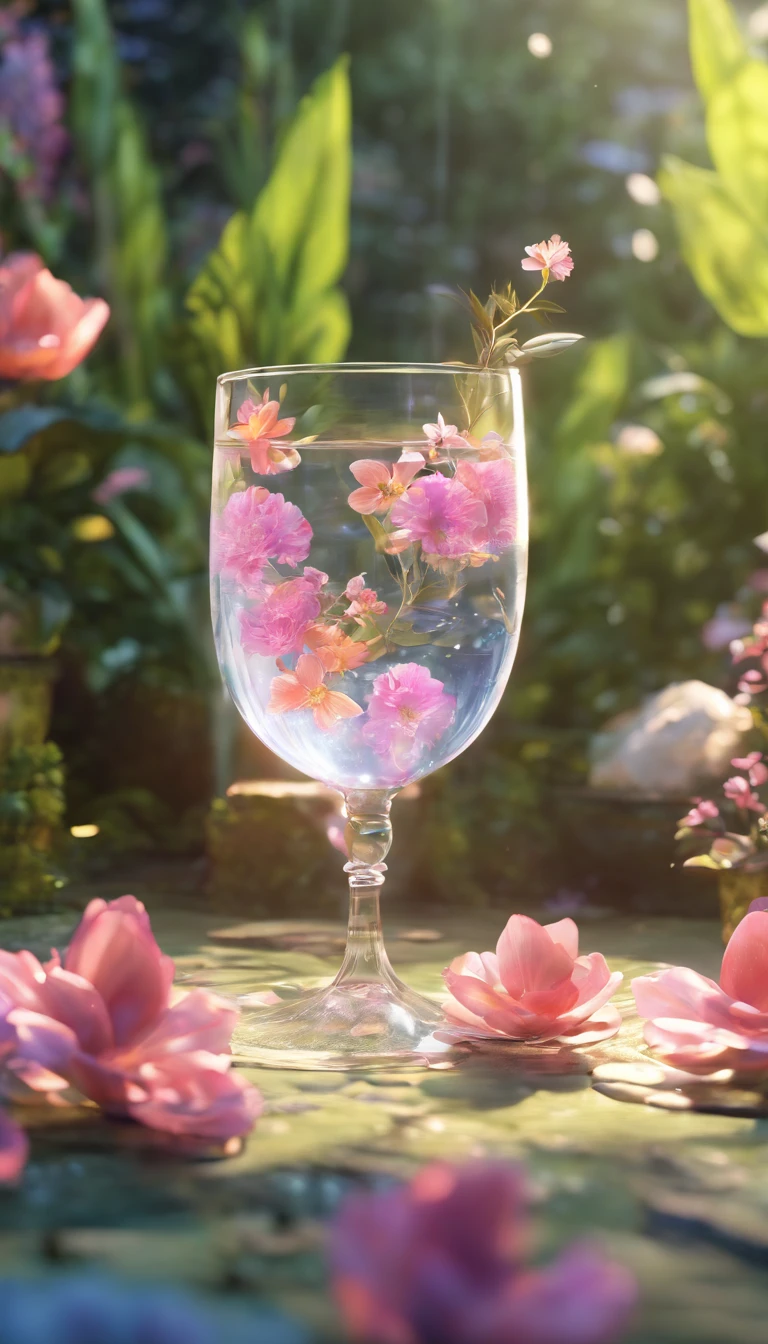 Close-up of transparent water cup in the middle，Surrounded by an environment of flowers and plants