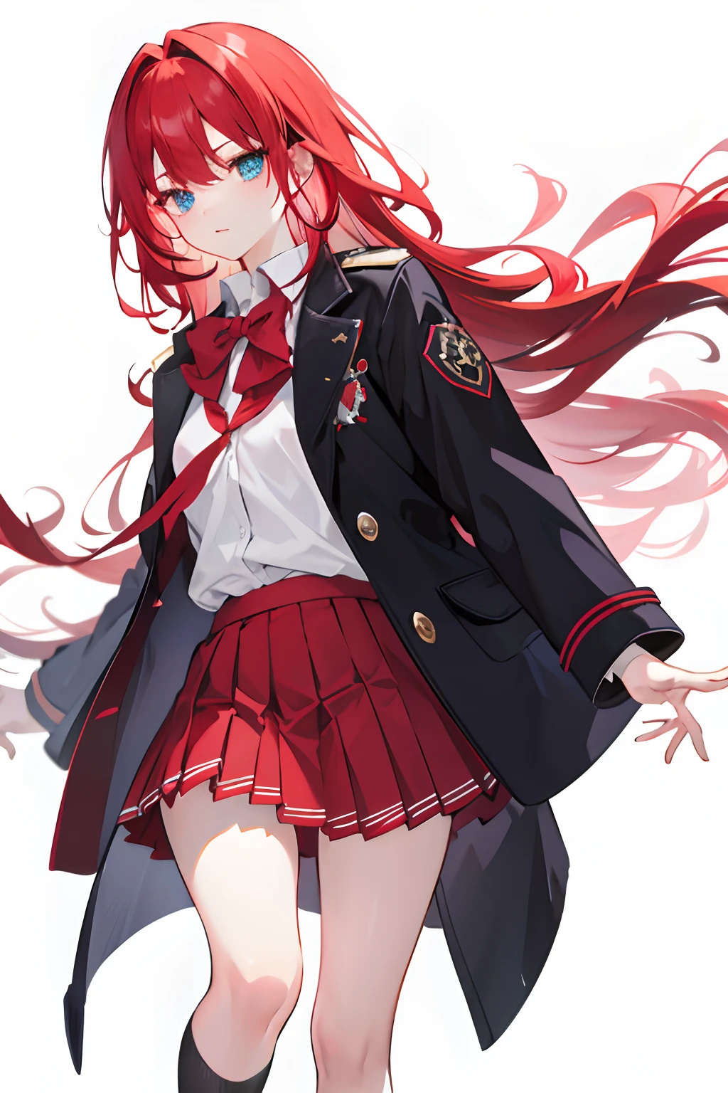 red hair, school uniform,coat, pleated skirt,solo,1girl, long hair, heterochromia, white background, good hands