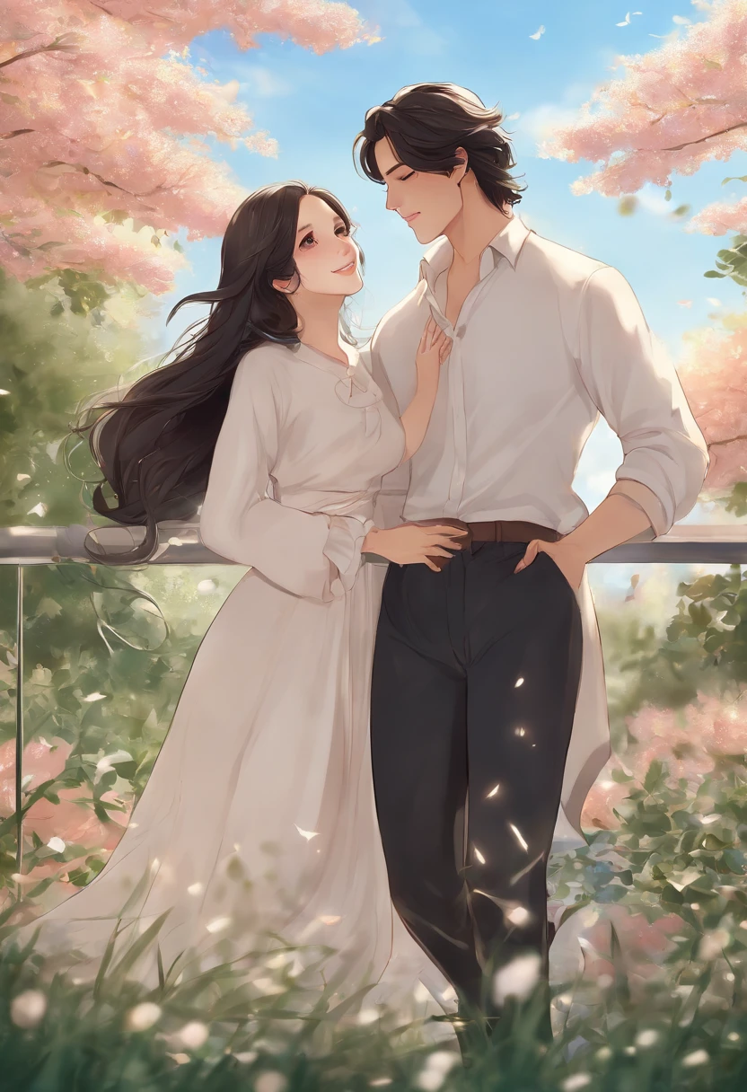 masterpiece, anime, kawaii, cute, romantic, best quality, 2others, couple, mature, adult, height difference, different fashion, different color, casual clothes, long sleeves, smile, happy, love, swirling wind, blue sky, man with long hair, man with light brown hair, woman with black hair, woman with black hair