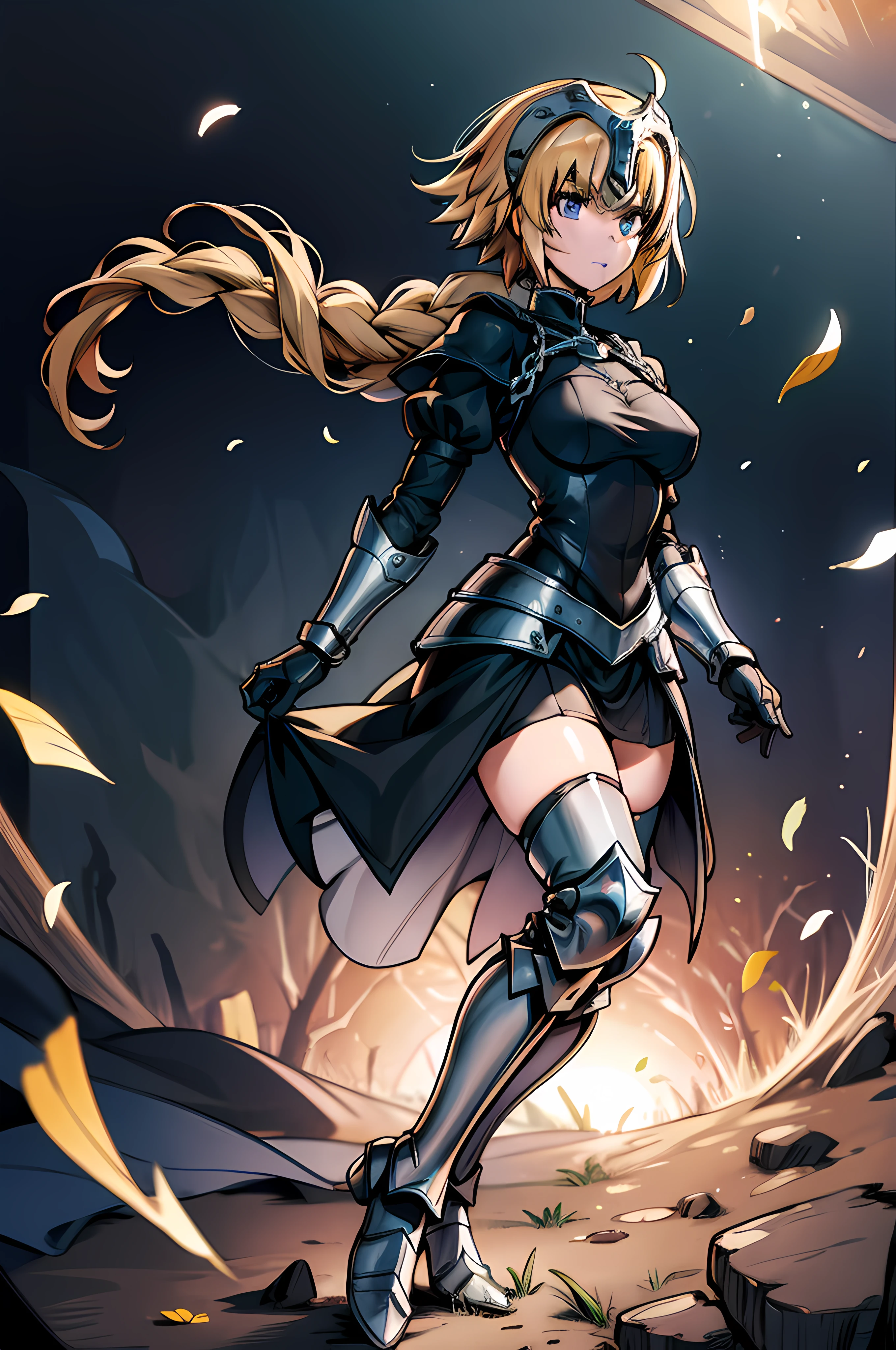 1girl, solo, (masterpiece), best quality, expressive eyes, perfect face, jeannedarc, jeanne darc, blonde hair, blue eyes, long hair, armor, armored boots, armored dress, black gloves, black thighhighs, braid, full body dress, gauntlets, gloves, headpiece, blue dress, single braid, thighhighs, slight smile, flower field background, floating petals, portrait, looking at viewer