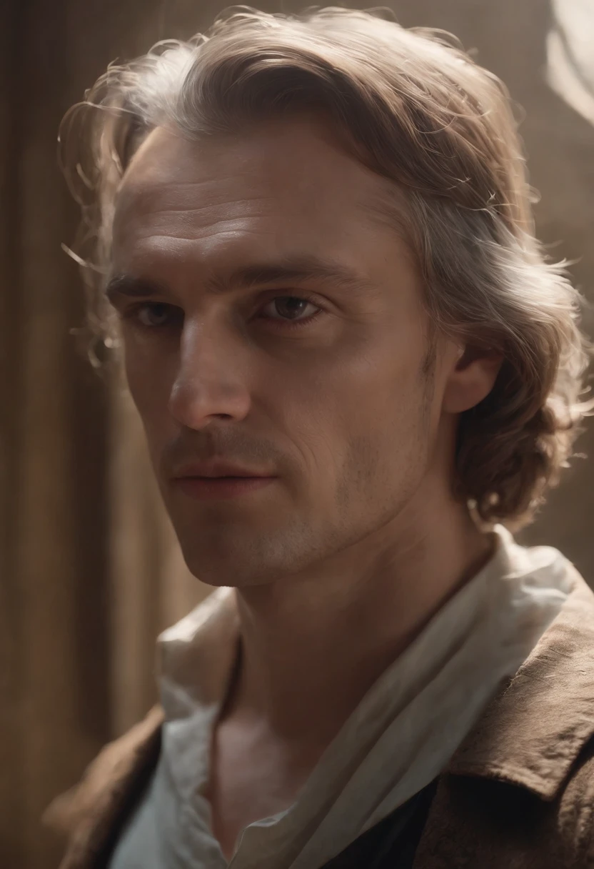 Image from a cinematic film, portrait of isaac newton physicist, looking perfect position frontal, proud, bold strokes, distant horizons, ancestral legacy, photorealism, bokeh effect, intricate details, hyper resolution, Canon EOS R6 Mark II, award-winning, professional, 8k, stylized 1000, chaos 20, perfect frontal composition, beautifully detailed and intricate rendering, in high trend on ArtStation, artistic 8k photography, photorealistic conceptual art, soft and perfectly volumetric natural light, chiaroscuro, award-winning photography, masterpiece, oil on canvas, Raphael, Caravaggio, Greg Rutkowski, Beeple, Beksinski, Giger.