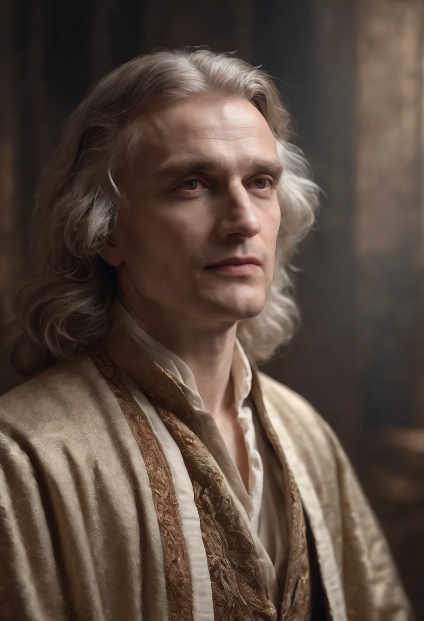 Image from a cinematic film, portrait of isaac newton physicist, looking perfect position frontal, proud, bold strokes, distant horizons, ancestral legacy, photorealism, bokeh effect, intricate details, hyper resolution, Canon EOS R6 Mark II, award-winning, professional, 8k, stylized 1000, chaos 20, perfect frontal composition, beautifully detailed and intricate rendering, in high trend on ArtStation, artistic 8k photography, photorealistic conceptual art, soft and perfectly volumetric natural light, chiaroscuro, award-winning photography, masterpiece, oil on canvas, Raphael, Caravaggio, Greg Rutkowski, Beeple, Beksinski, Giger.