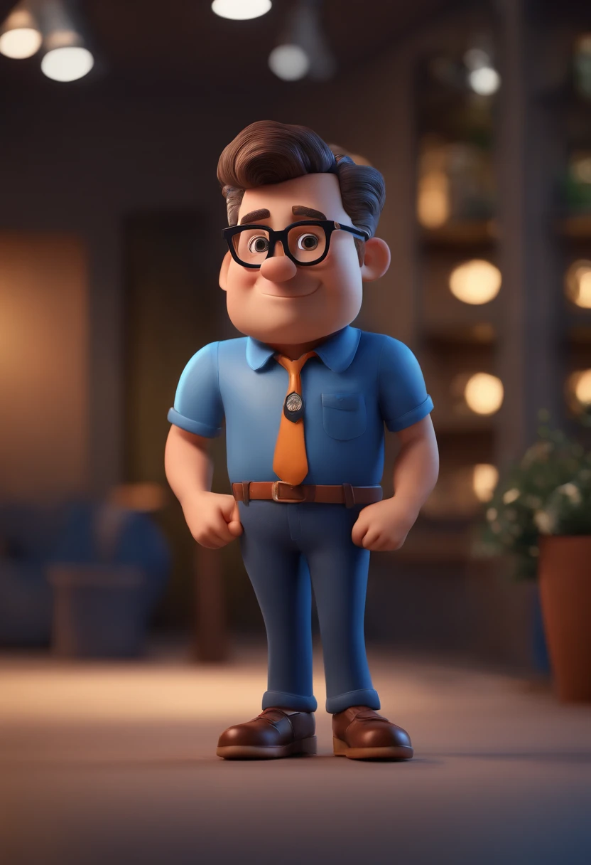 Cartoon character of a man with black glasses and a blue shirt, animation character, Caractere estilizado, animation style rendering, 3D estilizado, Arnold Maya render, 3 d render stylized, toon render keyshot, Personagem 3D, Personagem 3D, 3d rendering stylized, 3 d character render, personagem de desenho animado, Personagem de close up, Pose de personagem,  (Estilo Pixar) (master part:1.2) (Bokeh) (best quality) (pele detalhada) (textura detalhada) (8k) (argila) (Cinematic lighting) (foco nítido