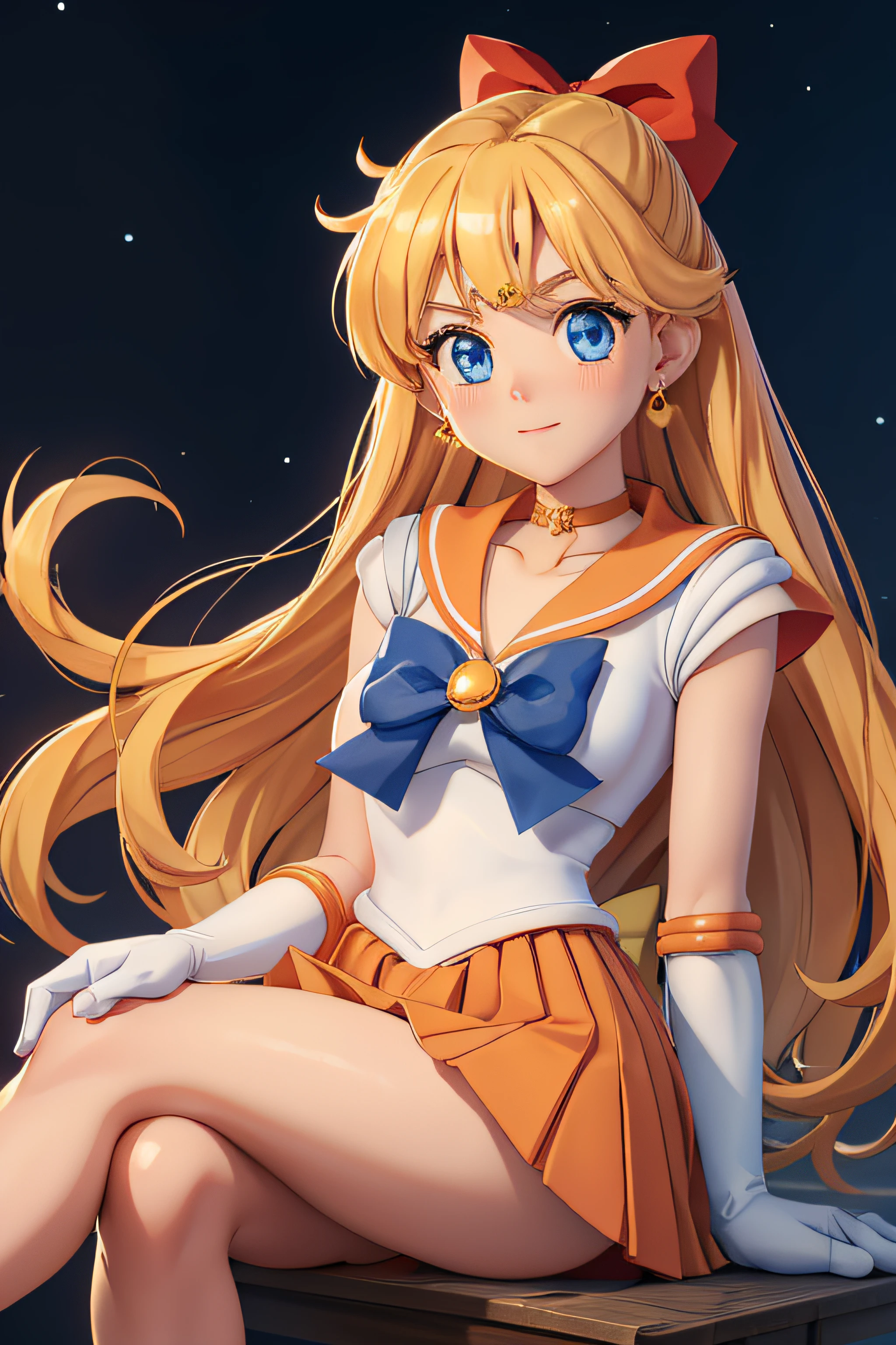 masterpiece, best quality, highres, venus1, 1girl, solo, sailor senshi uniform, sailor venus, aino minako, blonde hair, magical girl, blue eyes, orange skirt, elbow gloves, tiara, pleated skirt, hair bow, orange sailor collar, miniskirt, choker, red bow, orange choker, white gloves, very long hair,  jewelry,  earrings, sitting, crossed legs,