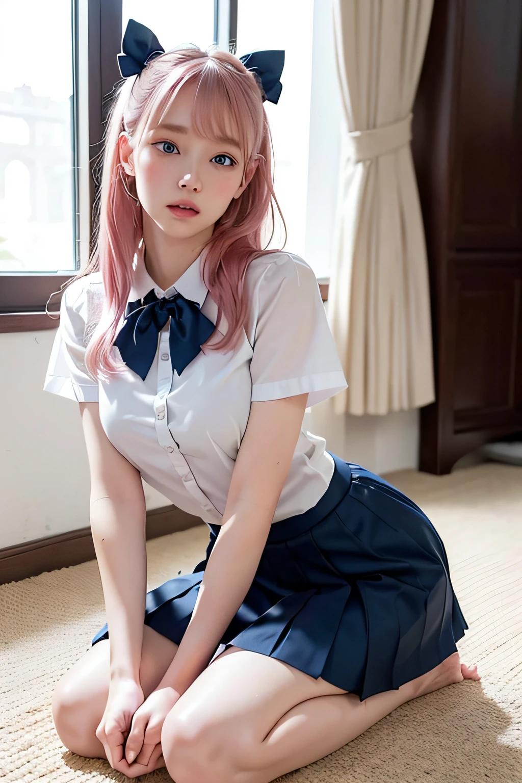 8k、highest quality、​masterpiece:1.2、real 1.5、realistic 1.5、Photoreal:1.3、18-year-old、with a girl:1.5、big breasts:1.5、sailor suit、uniform、school uniform、mini skirt、Pants visible from skirt、cute、laughter:1.2、sit on top、spread your legs、spread your legs、panties white、(8k, highest quality, masterpiece:1,2), (realistic, Photoreal:1.37), Super detailed, one girl,), (very detailed), (detailed and beautiful eyes), (highest qualityの), (Super detailed ), (masterpiece), (detailed face),20-year-old, ,1 girl, whole body, pink hair,very short hair, medium breasts, dressed, perfect lighting,focus on pussy and breasts, looking at the viewer, excited face, naughty face,