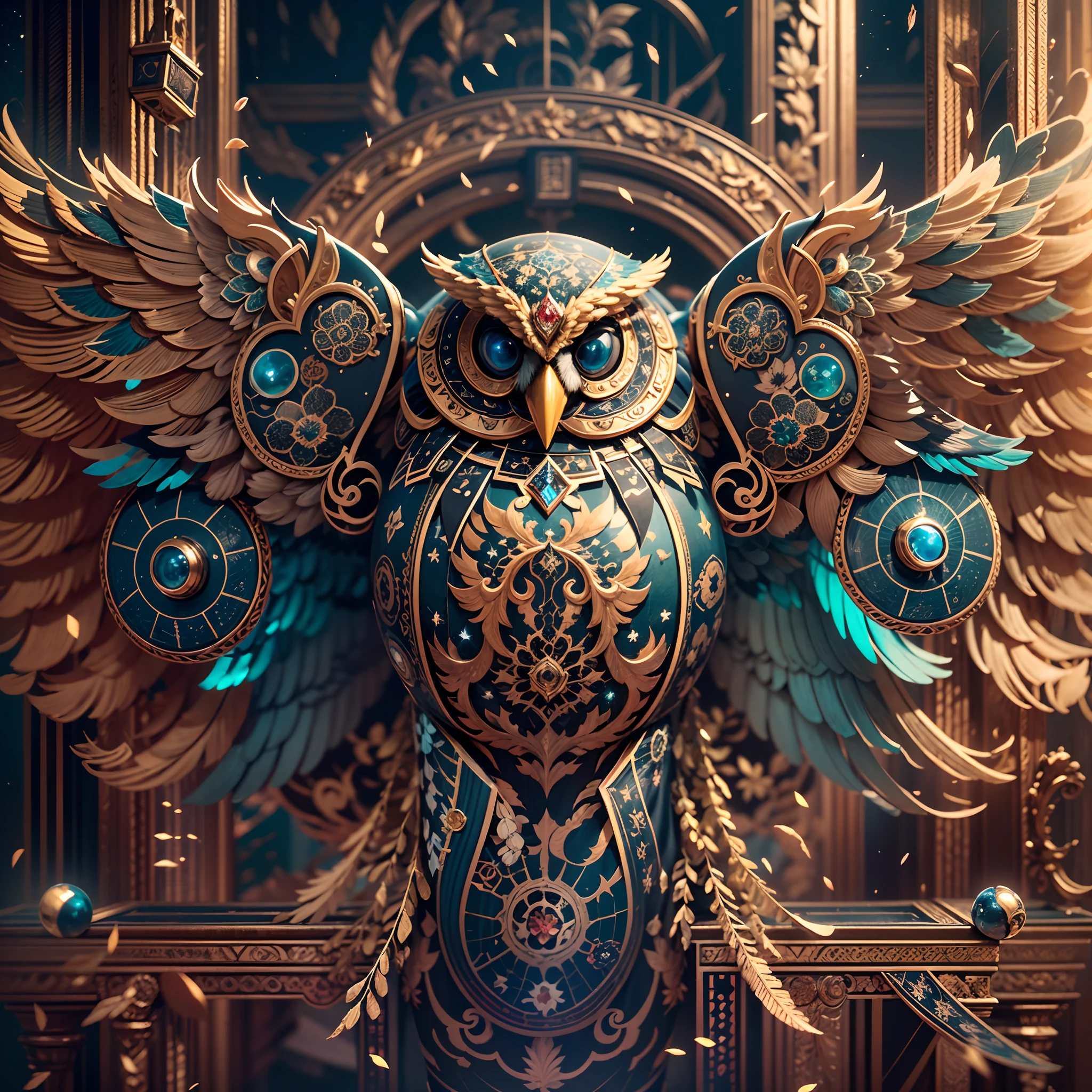in a panoramic view,photorealestic,A giant golden mechanical owl flies through space,The modular composition of the whole body gold machinery,Gold and precious metal casting,blue gem eyes,The feathers are made of gold thread,It features charming Ottoman decorative motifs,Set with luxurious gemstones in a variety of colors,High-tech wings,Tail bomb propulsion,Decorated with diamonds,The huge wings are densely covered with extravagant ornaments,Huge mechanical phoenix,Fly over the galactic starry sky,There are fighters around,Perfectcomposition,the detail,The light and shadow work best,HighestQuali,This CG-rendered realistic painting gives a grand scene and visual impact,Let the viewer feel a wonderful and magnificent sci-fi world。Epic,detail-rich,It forms a spectacular sight,Use Pixai to bring powerful AI models to life, Show the limitless creativity and possibilities of our imagination. Experience the future of the cityscape at Pixai,Immerse yourself in a visionary world of art,the detail, Masterpiece, Best quality, 8K, (Oily skin, cell-shaded:1.3), line art in colour, (The art of Maciej Cuciara:1.15), art of greg rutkowski,Intricate details, finetextures, Surreal,Perfectcomposition,A detailed,Cinematic texture,realisticlying,photorealestic,HighestQuali,,Version tone mapping, highly detailed, Smoothness, Sharp focus, Beautiful illustration, Epic effect,photore, The light from the back window is backlighted, 动态照明, Mist, 复杂, filmgrain, professinal,,Volumetriclighting, subsurfacescattering, Good highlights, Good shadows, cinematic ligh,Beautiful studio soft light,rim-light,ellegance,beatiful background,rendering by octane,HR Giger style,8K,top Quority,tmasterpiece,illustratio,smooth and beautiful,highly detailed,CG wallpaper,(realisticlying,Fidelity:1.37),outstanding,Exquisite details,tmasterpiece